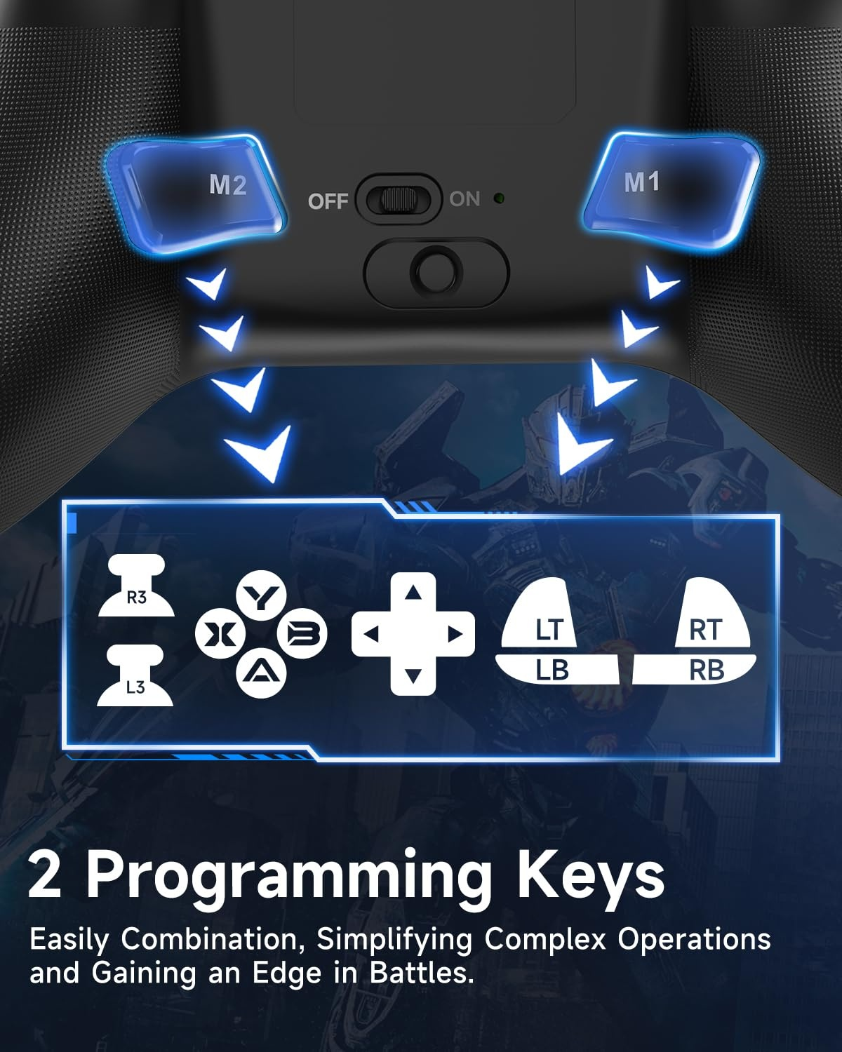 Ein Gamecontroller mit M1/M2-Tasten, Schaltern und Tastenlayout.
