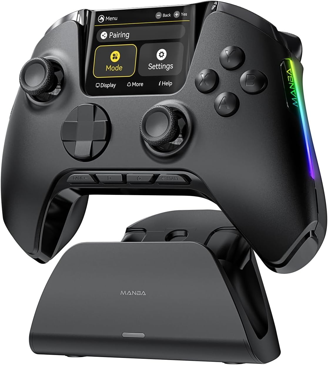 Ein schwarzer Gaming-Controller mit Bildschirm ruht auf einer schwarzen Ladestation.