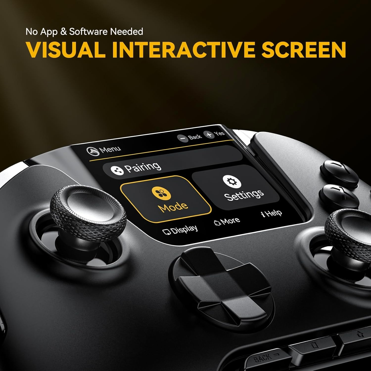 Schwarzer Gaming-Controller mit Touchscreen, der Menüoptionen wie Kopplung und Modus anzeigt.