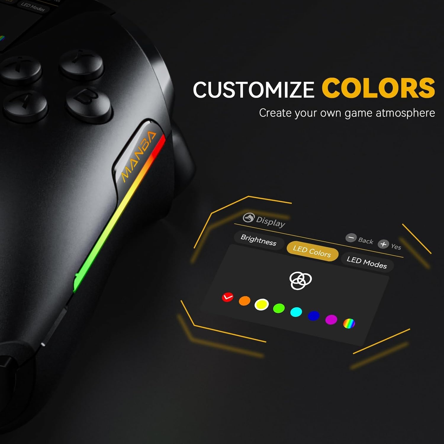 Schwarzer Gaming-Controller mit anpassbaren LED-Leuchten und Bildschirm mit Farboptionen.