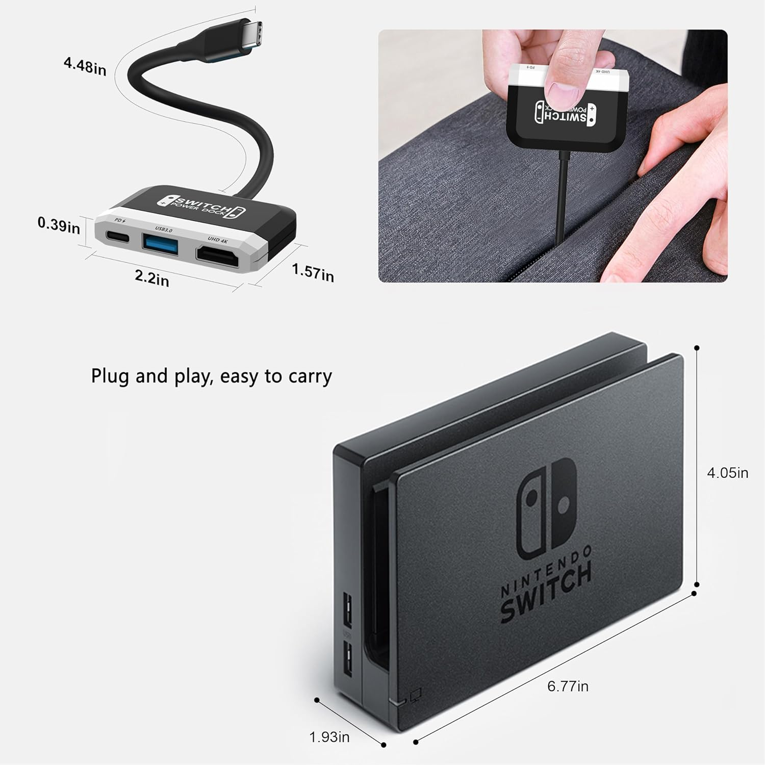 Ein Nintendo Switch Dock und ein USB-C-Adapter mit HDMI und USB-Ports.
