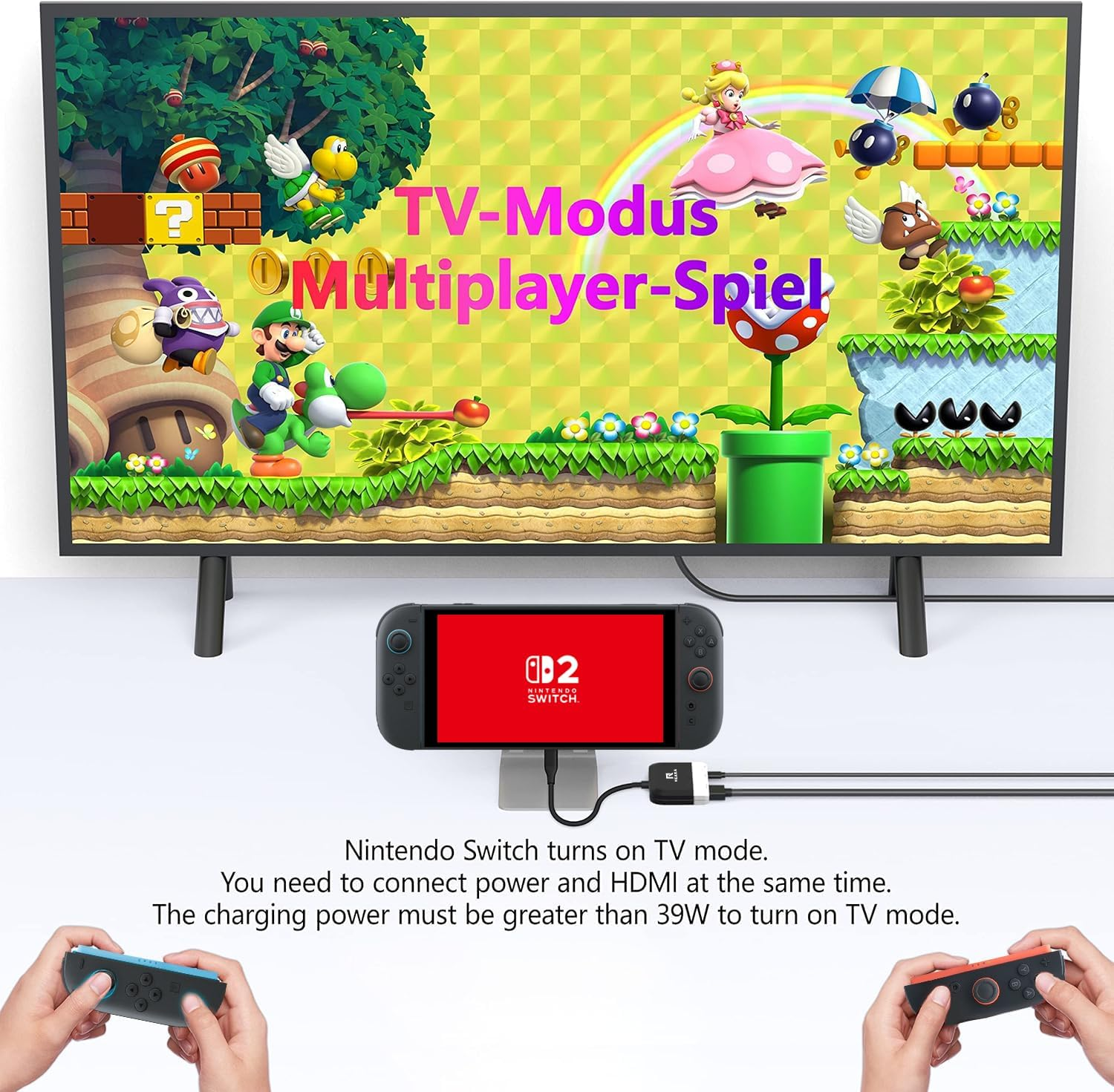 Nintendo Switch im TV-Modus mit Mario-Spielcharakteren und Steuergeräten.
