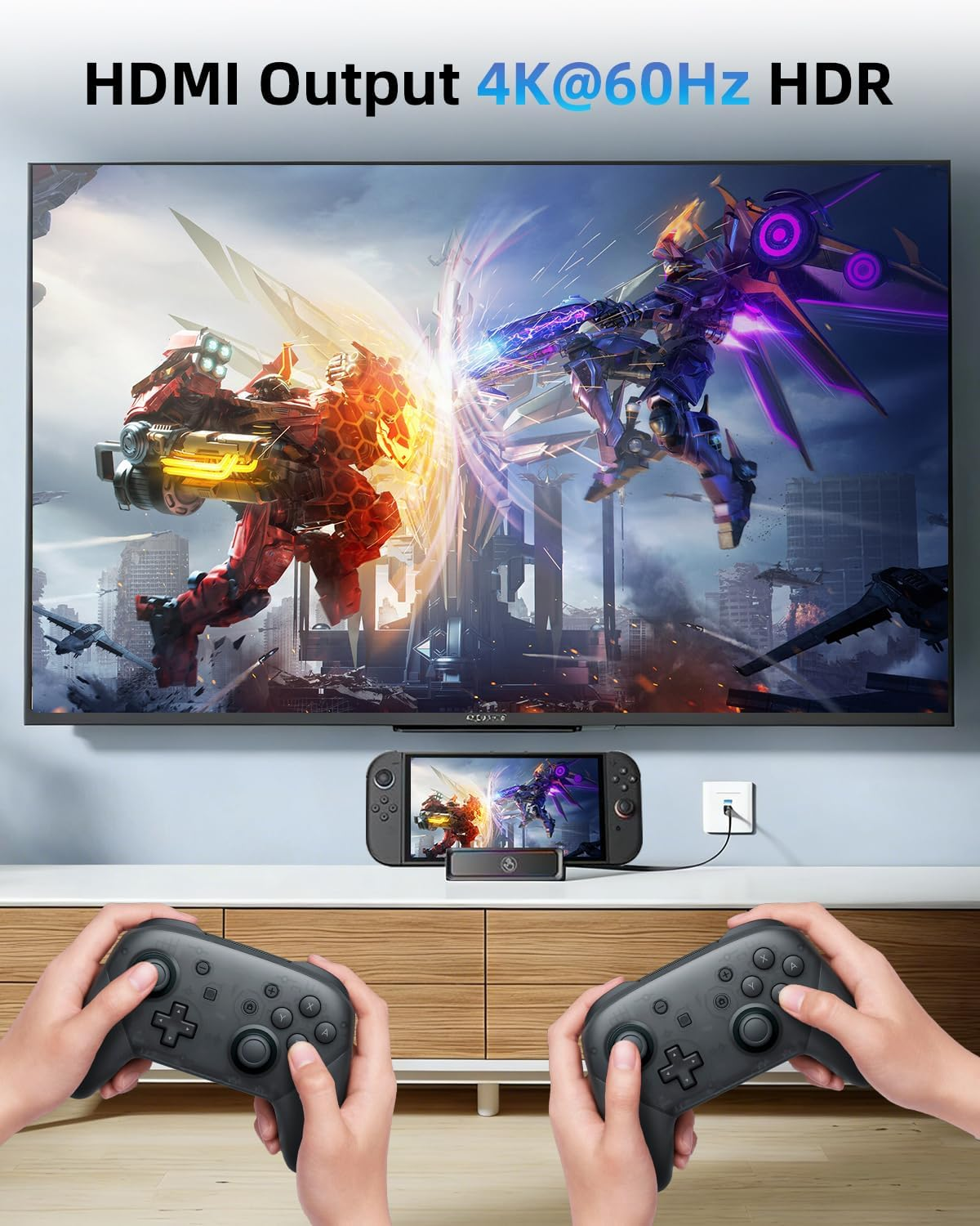 Zwei Roboter kämpfen auf einem Bildschirm mit 4K-HDR-Gaming. Hände halten Controller.