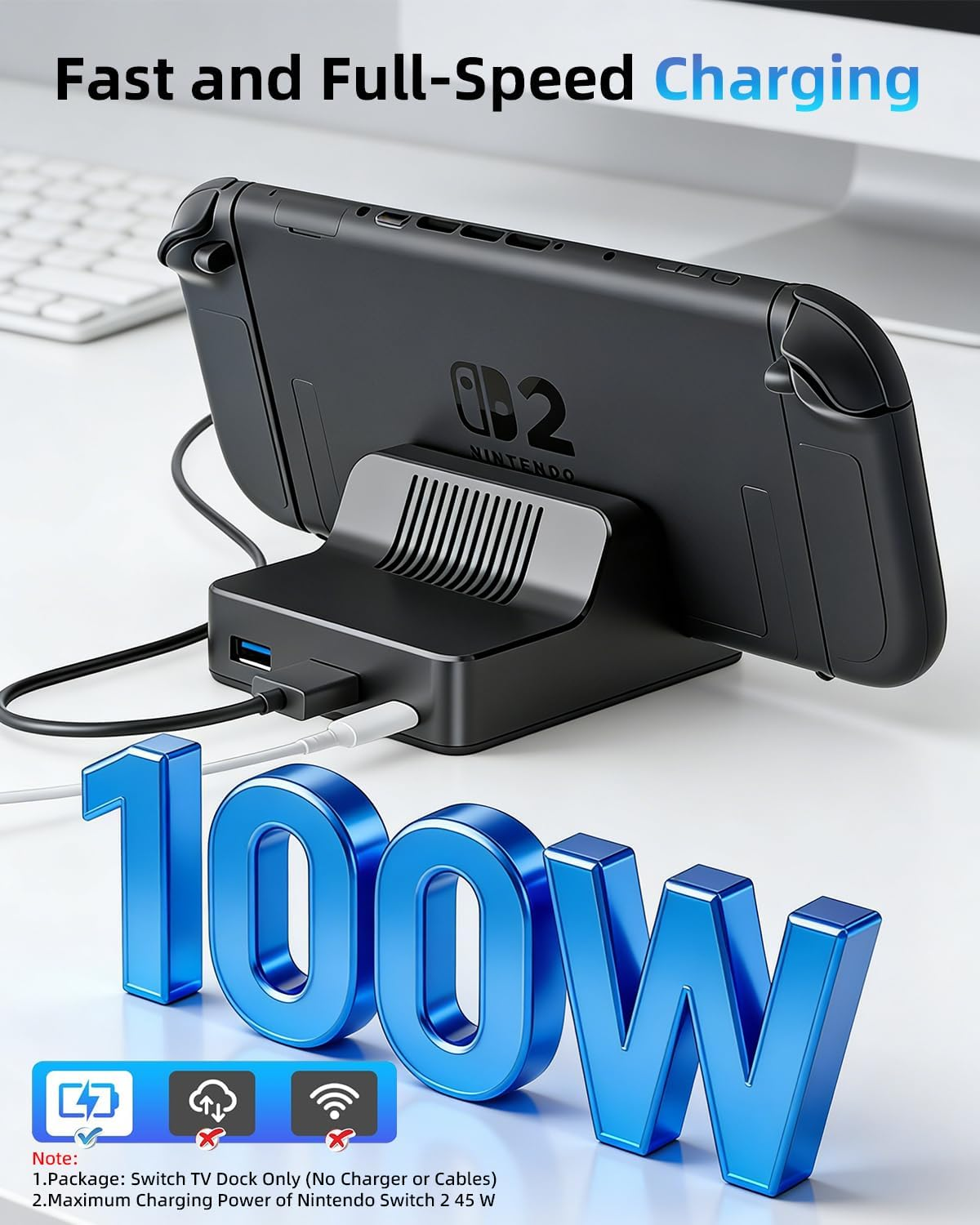 Nintendo Switch Dock mit 100W-Ladeanzeige und Text.