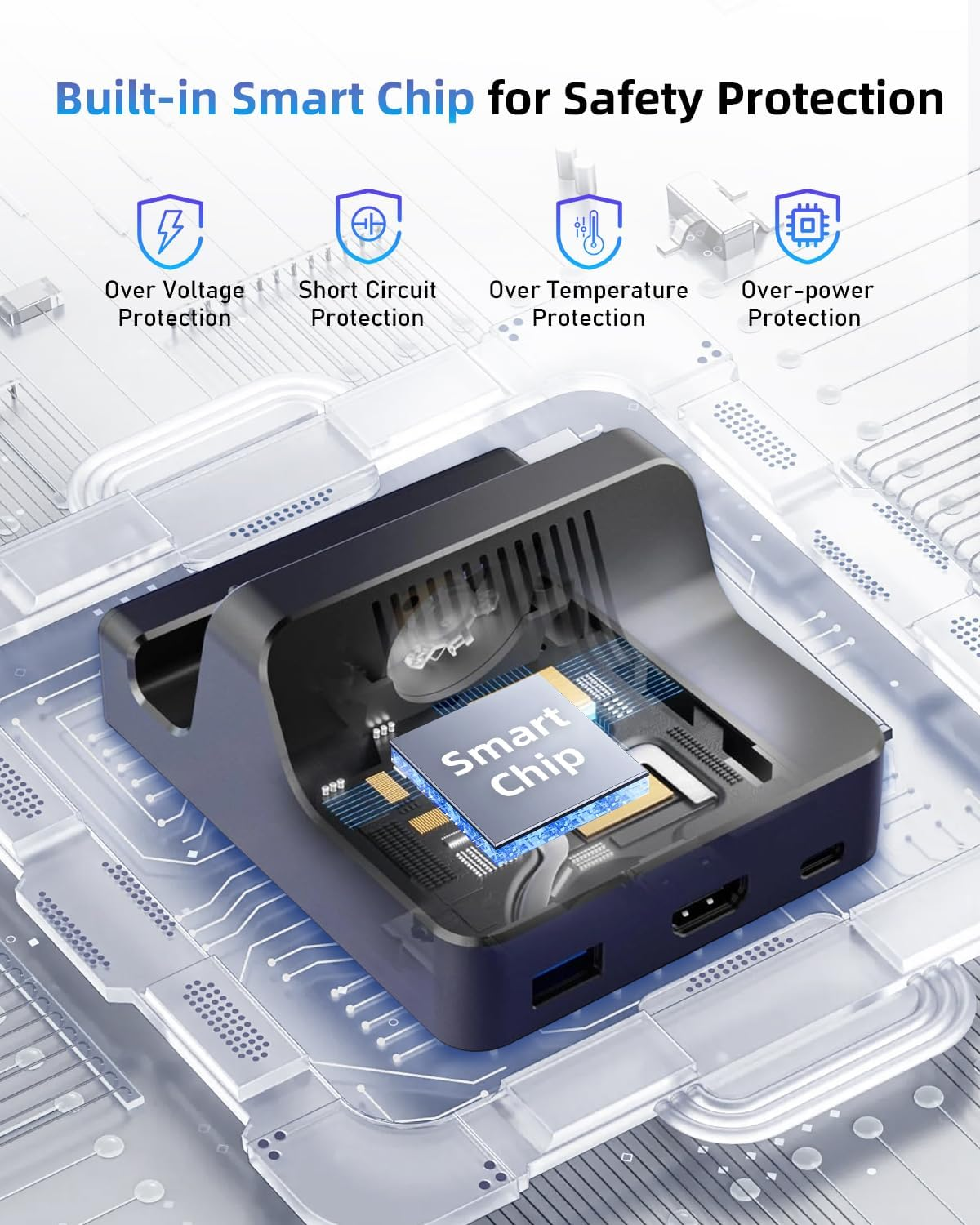 Gerät mit "Smart Chip" und Sicherheitssymbolen: Überspannung, Kurzschluss, Temp, Überlast.