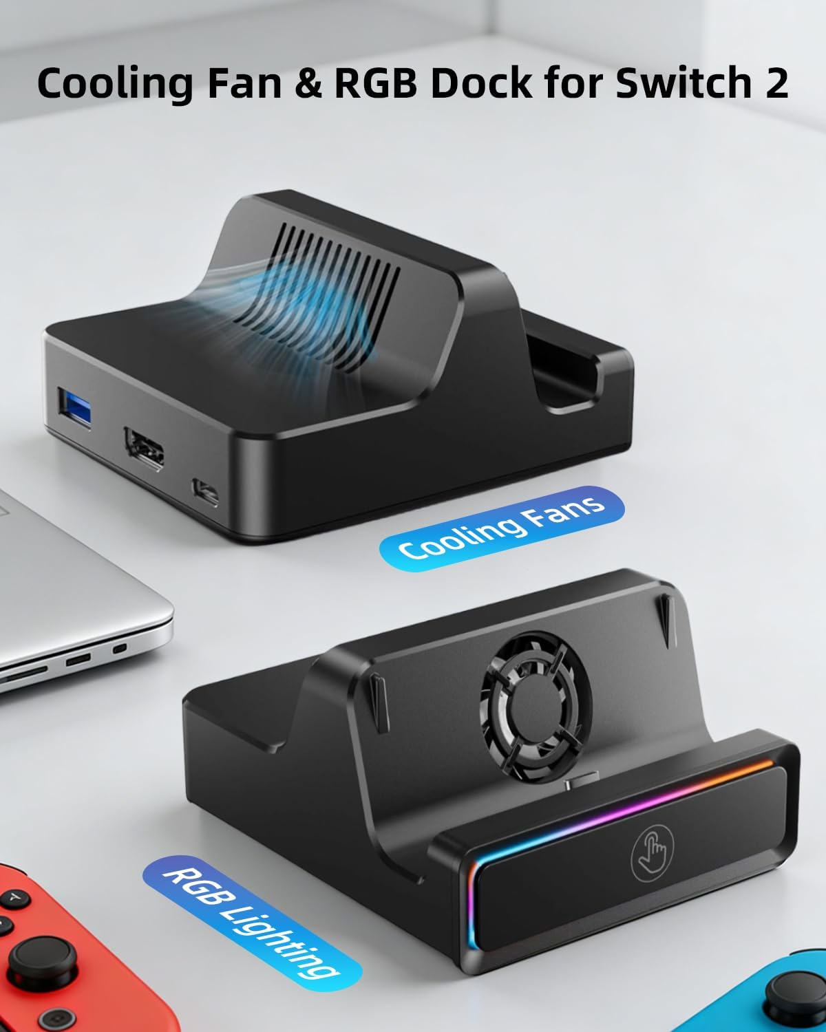 Zwei schwarze Nintendo Switch-Docks mit Lüftern und RGB-Beleuchtung.