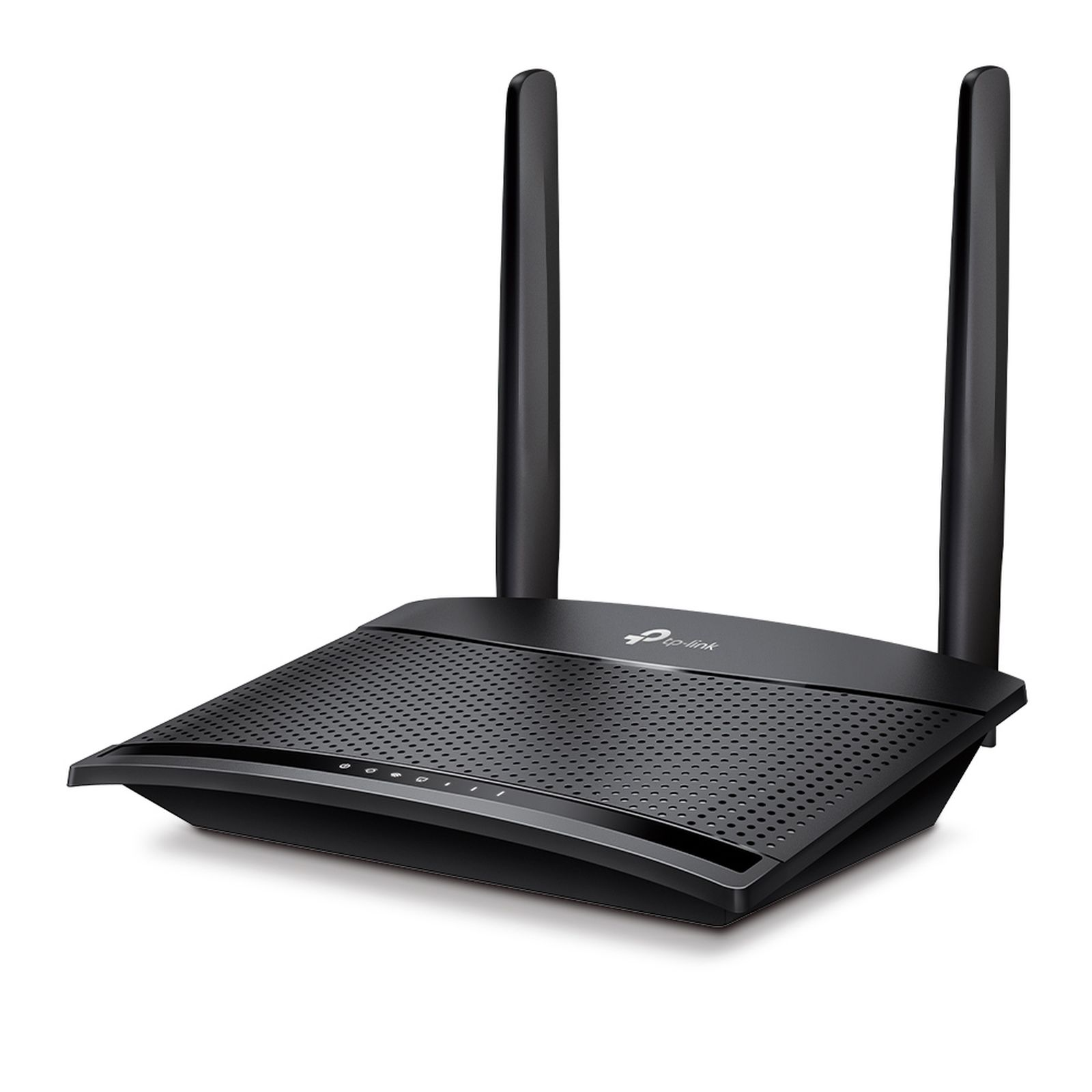 Schwarzer TP-Link Router mit zwei Antennen auf weißem Hintergrund.