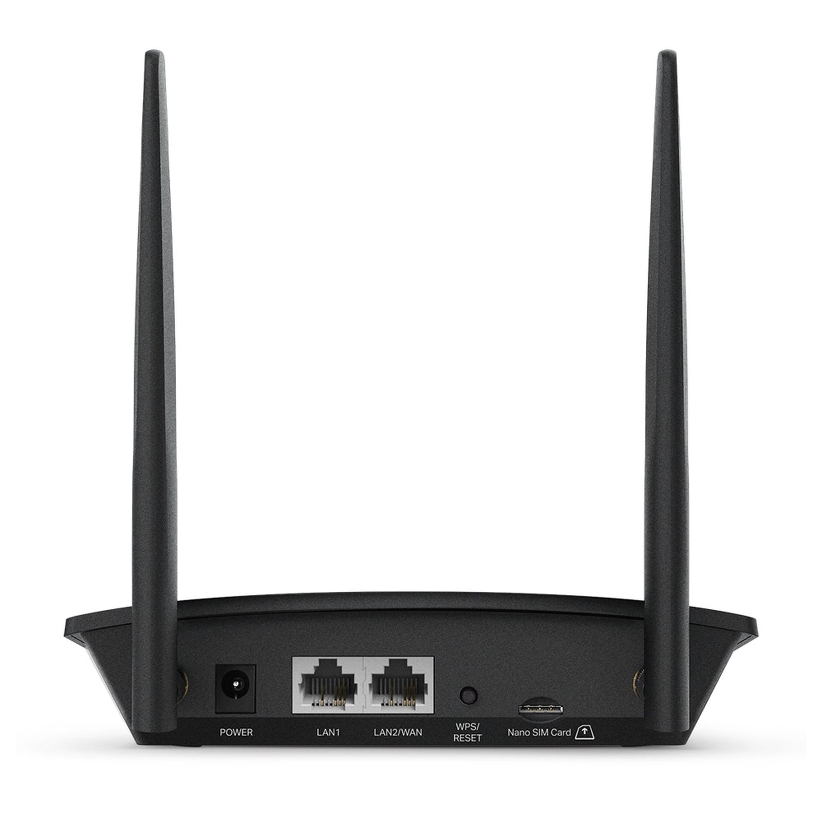 Rückseite eines schwarzen Routers mit zwei Antennen, Anschlüssen und SIM-Kartenslot.
