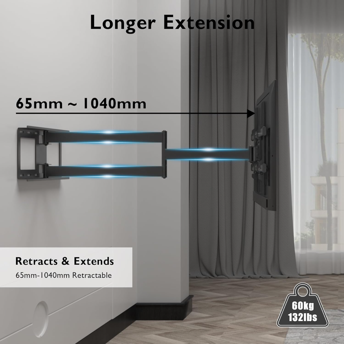 Ein ausziehbarer TV-Wandhalter mit einer Reichweite von 65 mm bis 1040 mm.