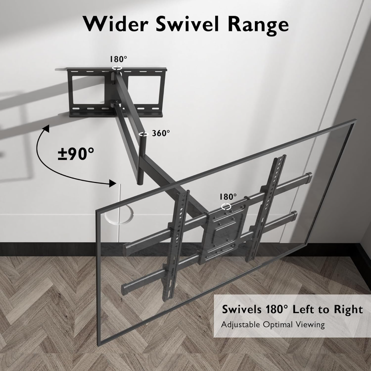 Schwarze TV-Wandhalterung mit breitem Schwenkbereich, 90°/180°/360°.