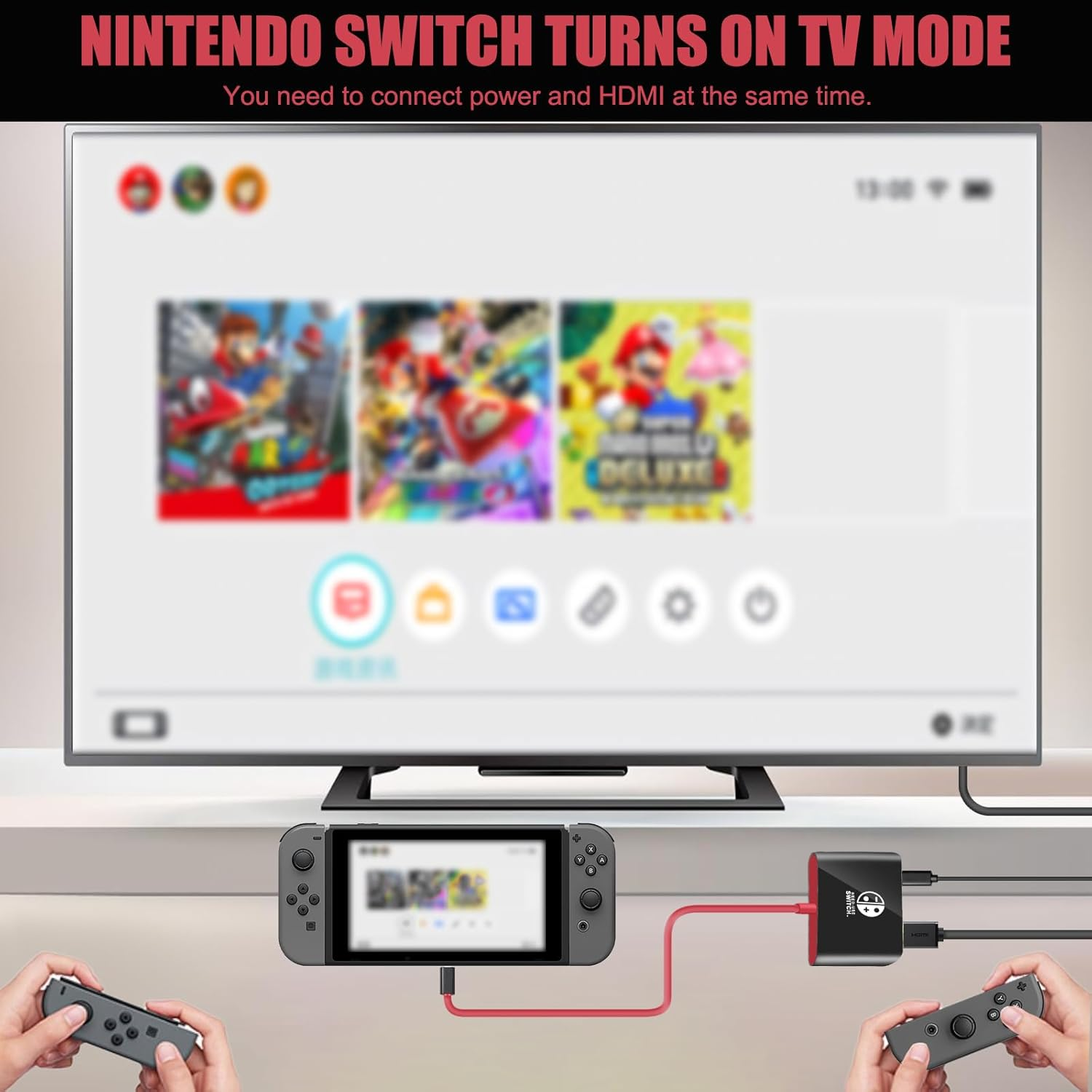 Nintendo Switch wird per Kabel an einen Fernseher angeschlossen, die Hände halten Controller.