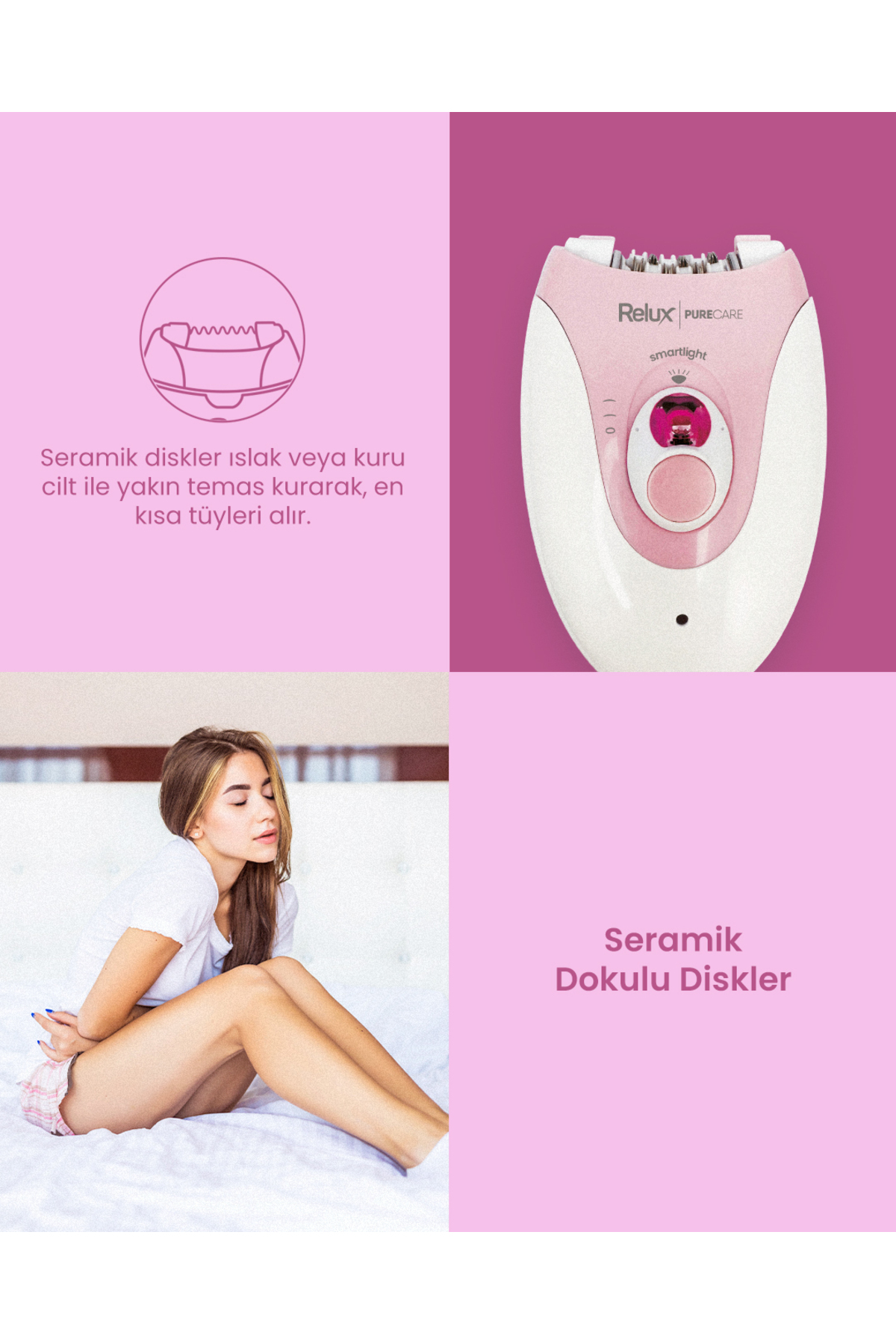 Smartlight özellikli pembe ve beyaz epilatör kısa tüyleri alır.