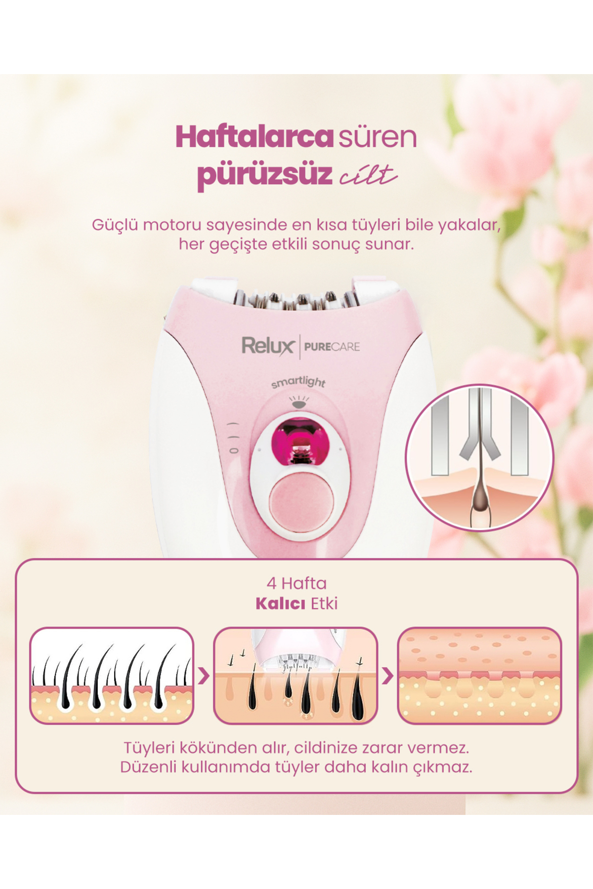Aksesuarli pembe epilasyon aleti, tüy alma ve pürüzsüz cildi gösteriyor.