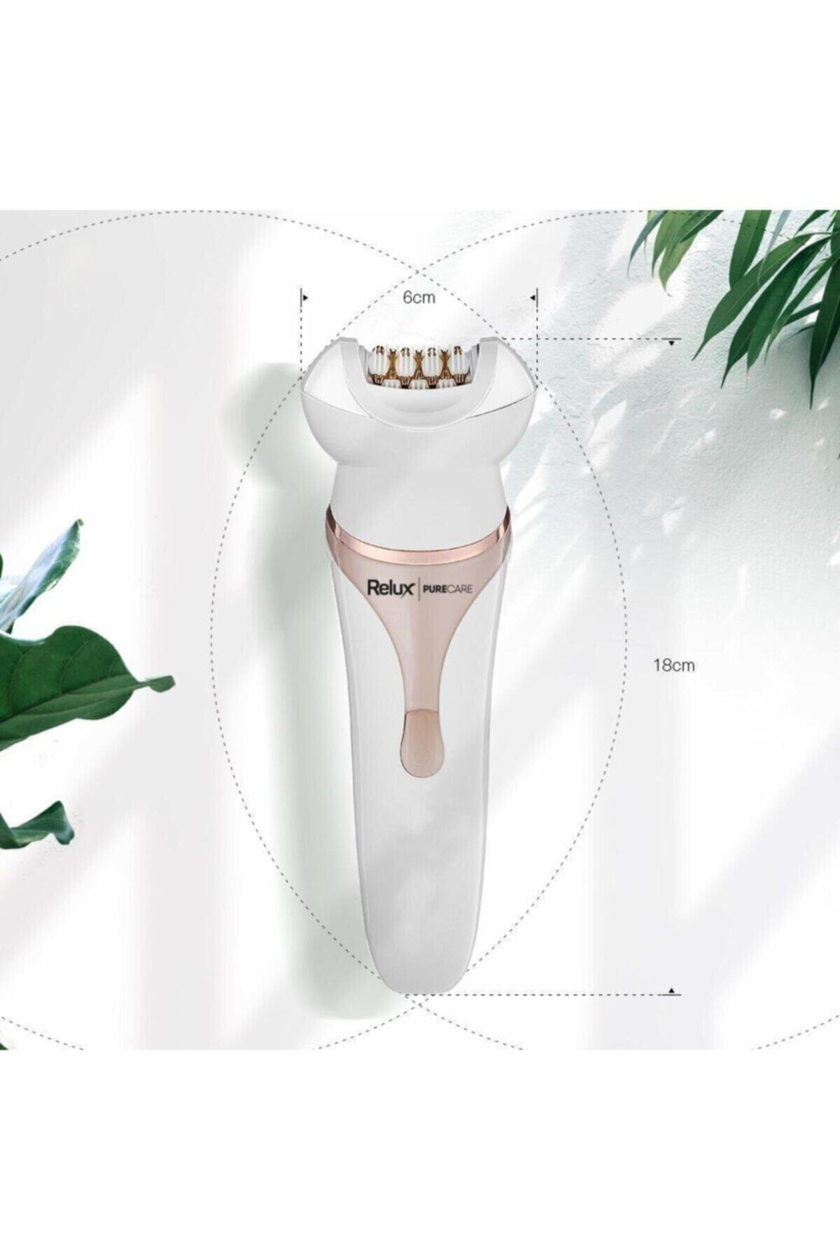 Beyaz arka plan üzerinde rose gold aksanlı beyaz epilatör. Ölçüler belirtilmiş.