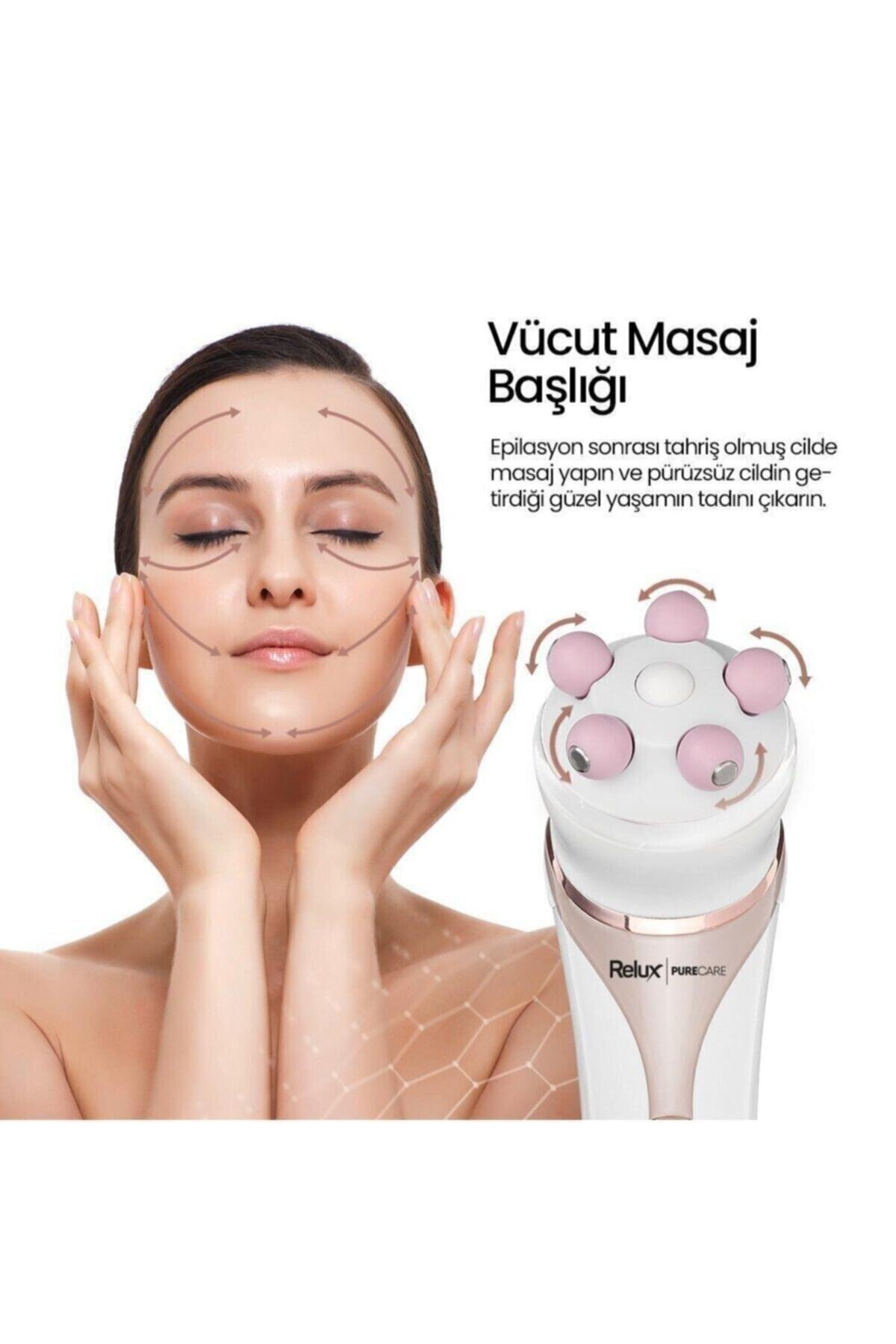 Masaj cihazlı kadın, yüz bakımı oklarıyla.