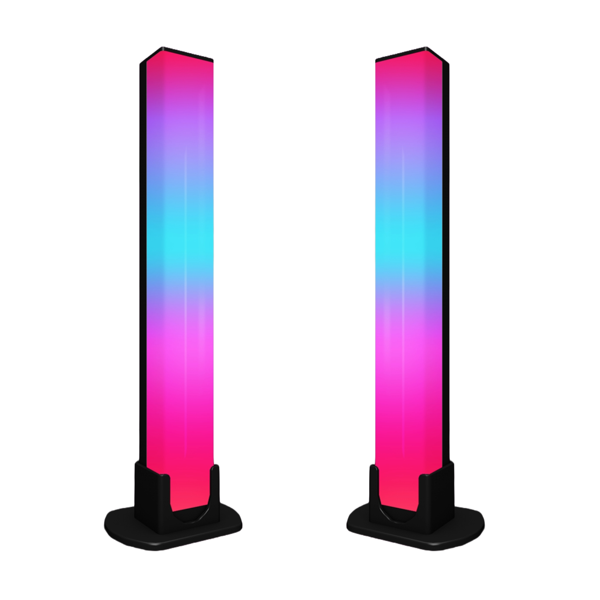 Zwei vertikale Lichter mit Farbverlauf von Pink zu Blau auf schwarzen Sockeln.