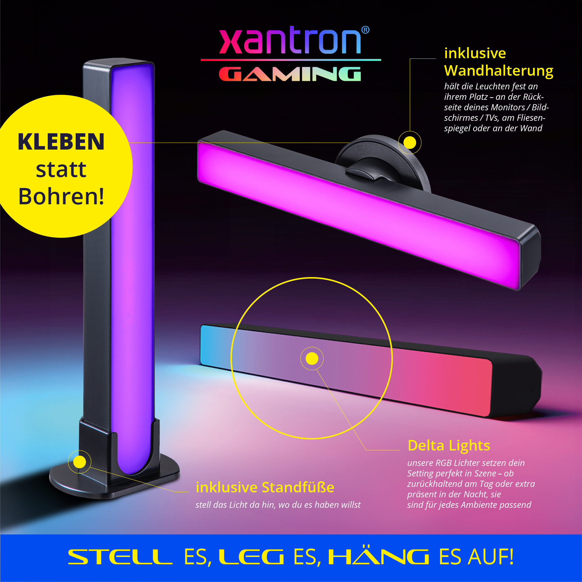 Zwei RGB-Lichtstäbe, einer vertikal lila, einer horizontal lila-rot.