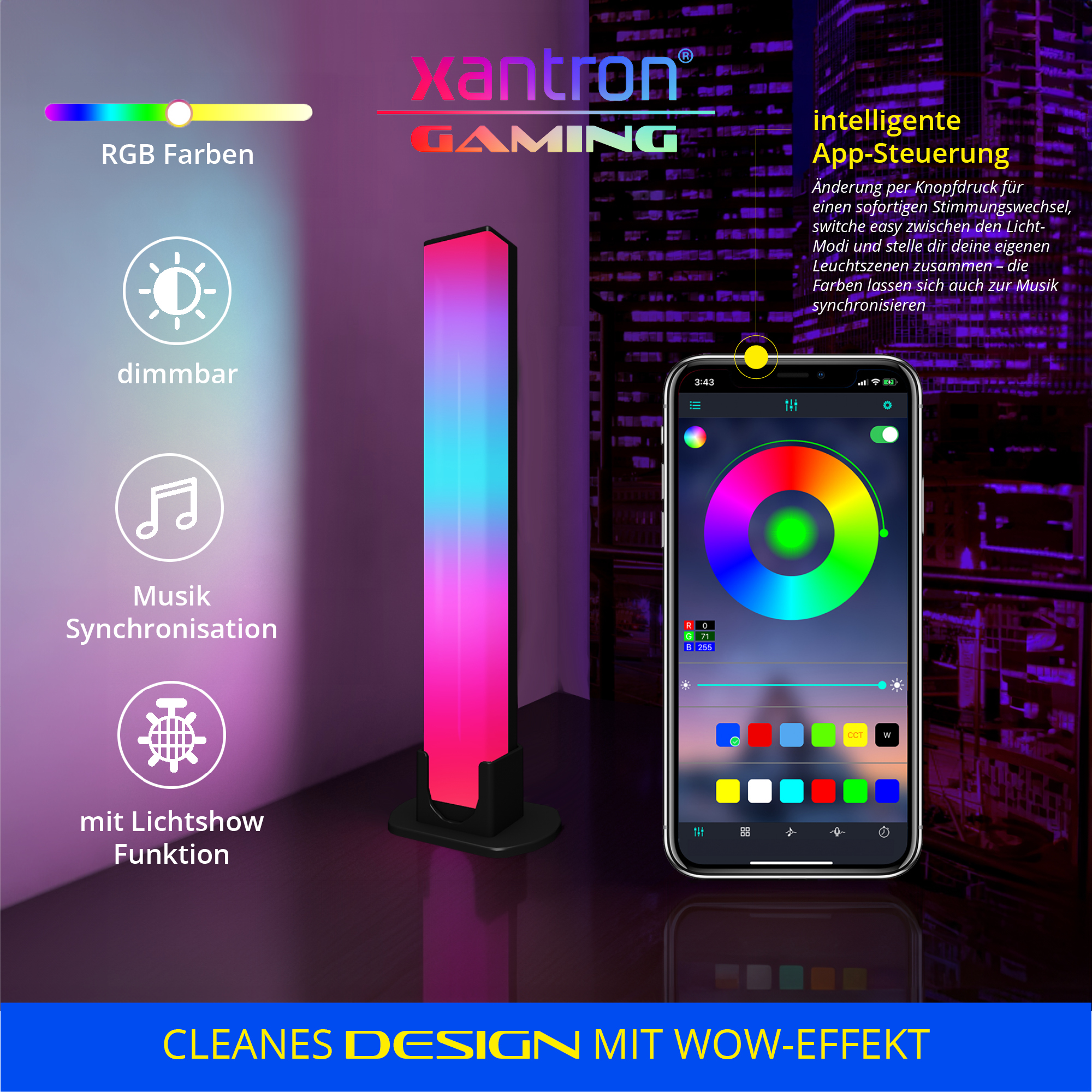 Eine schlanke, RGB-beleuchtete Stehleuchte mit App-Steuerung wird neben einem Smartphone gezeigt.
