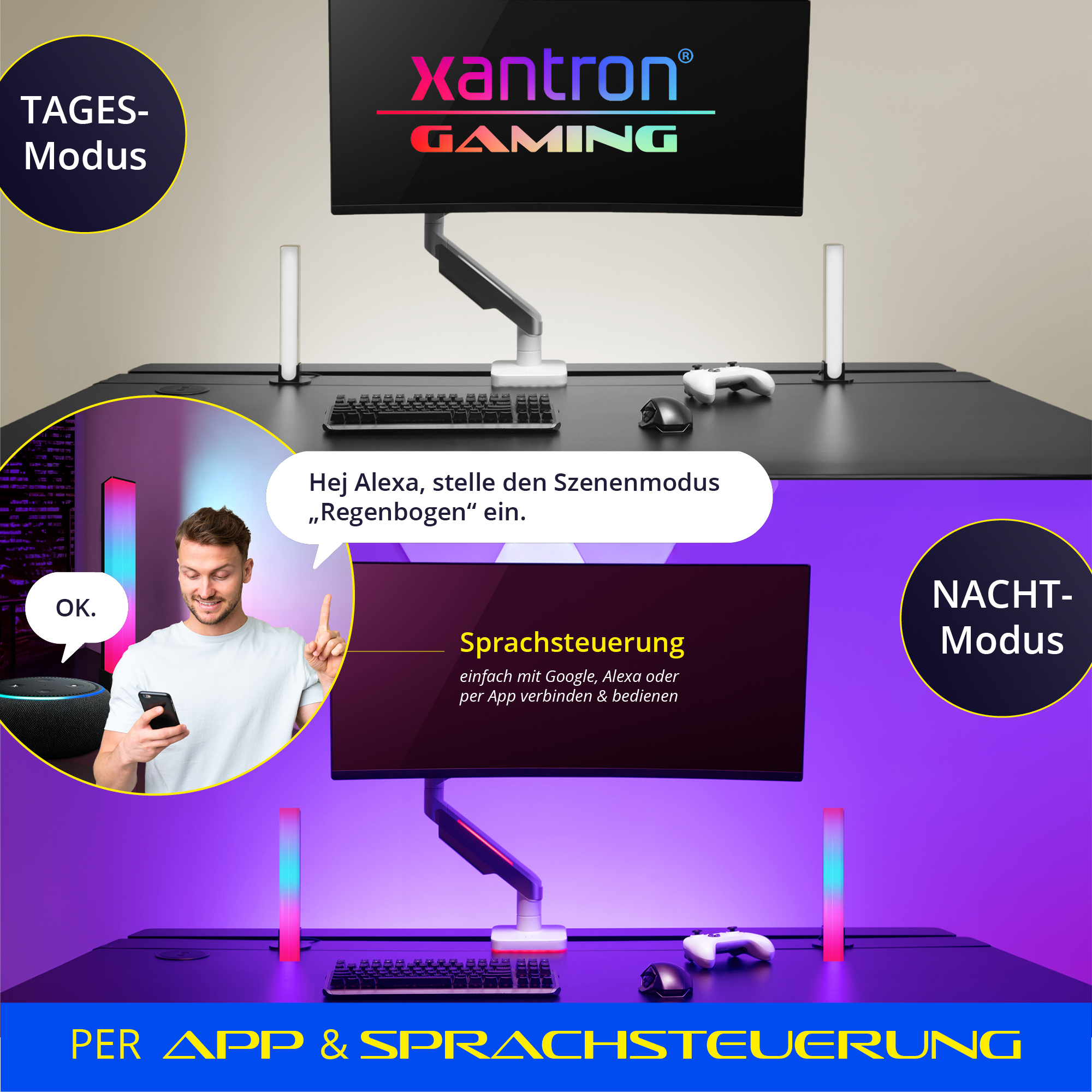 Ein Schreibtisch mit Monitor, Tastatur und Maus im Tages- und Nachtmodus.
