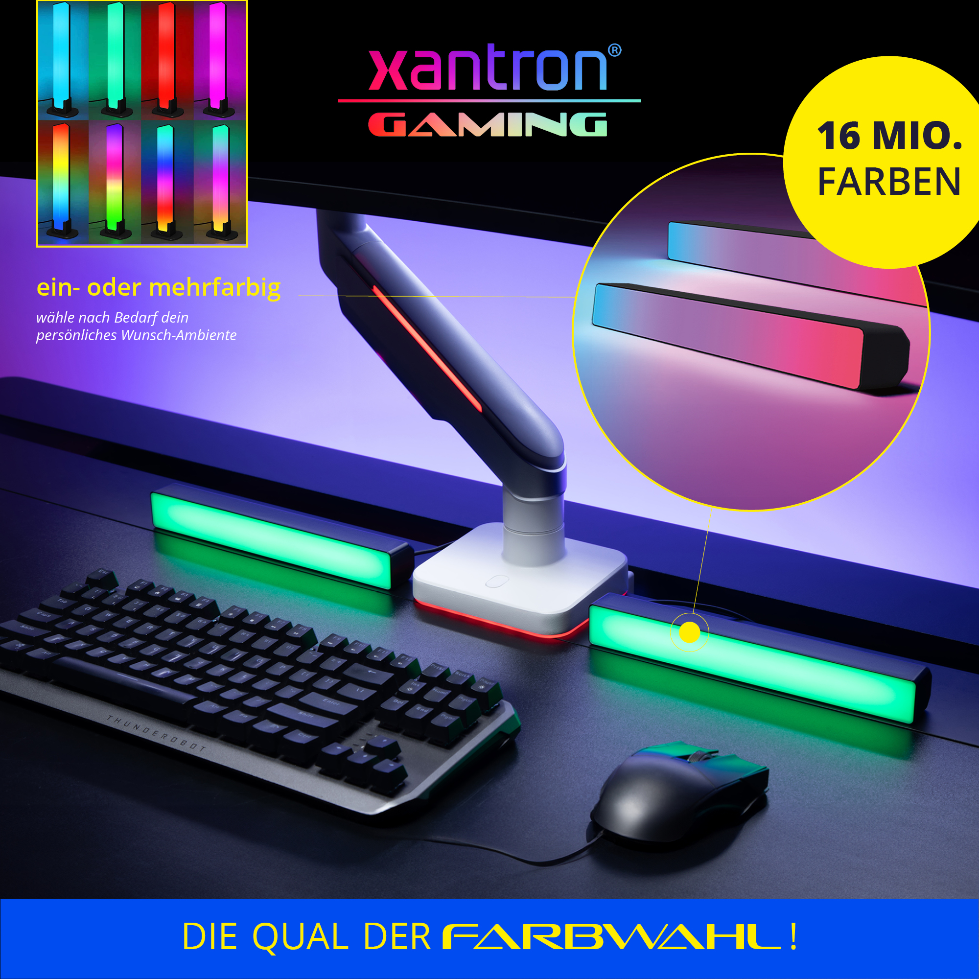 Gaming-Setup mit Xantron-Lichtern, Tastatur und Maus. Mehrere Farben gezeigt.