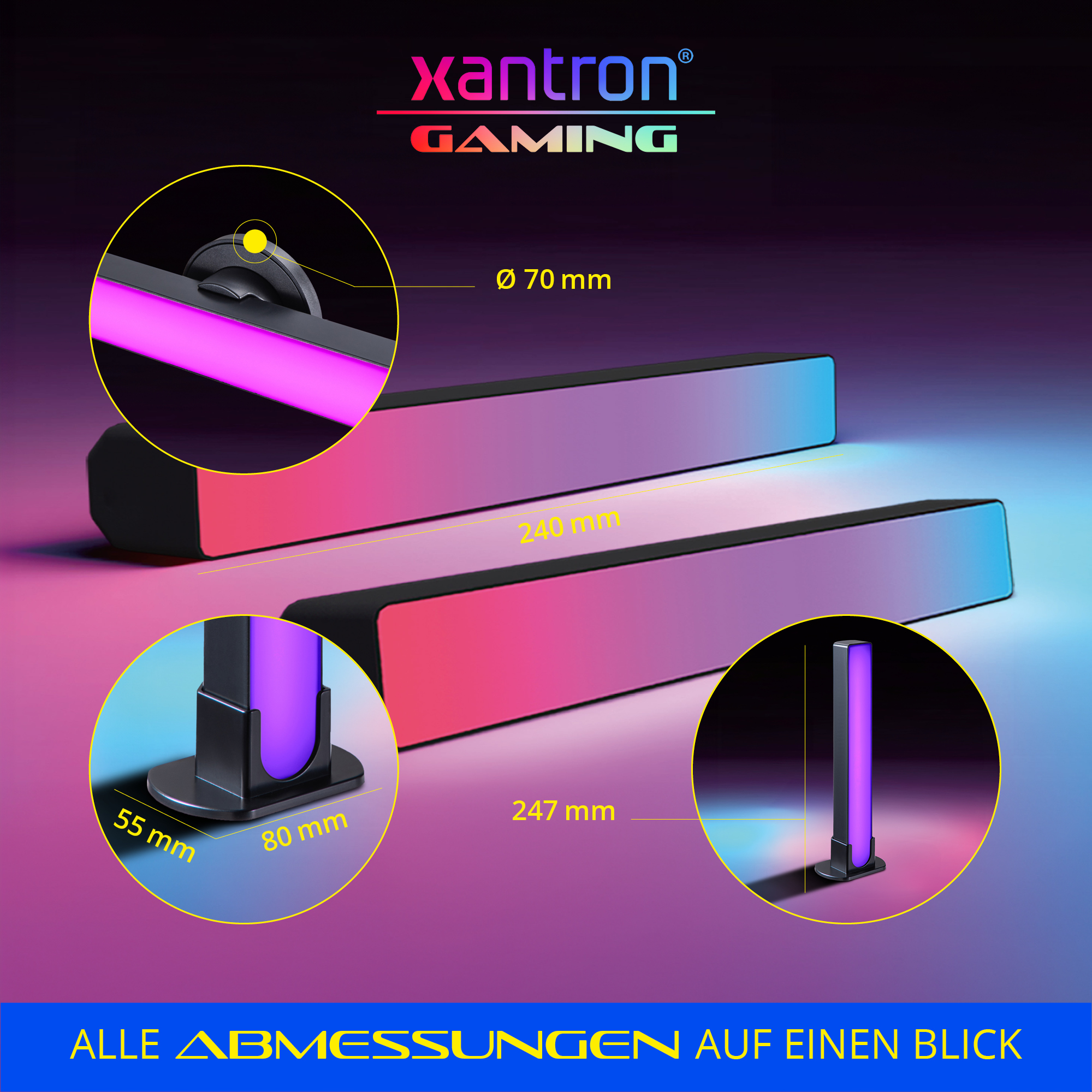 Gaming-Lichtleiste mit Maßen: 240mm Länge, 70mm Durchmesser.