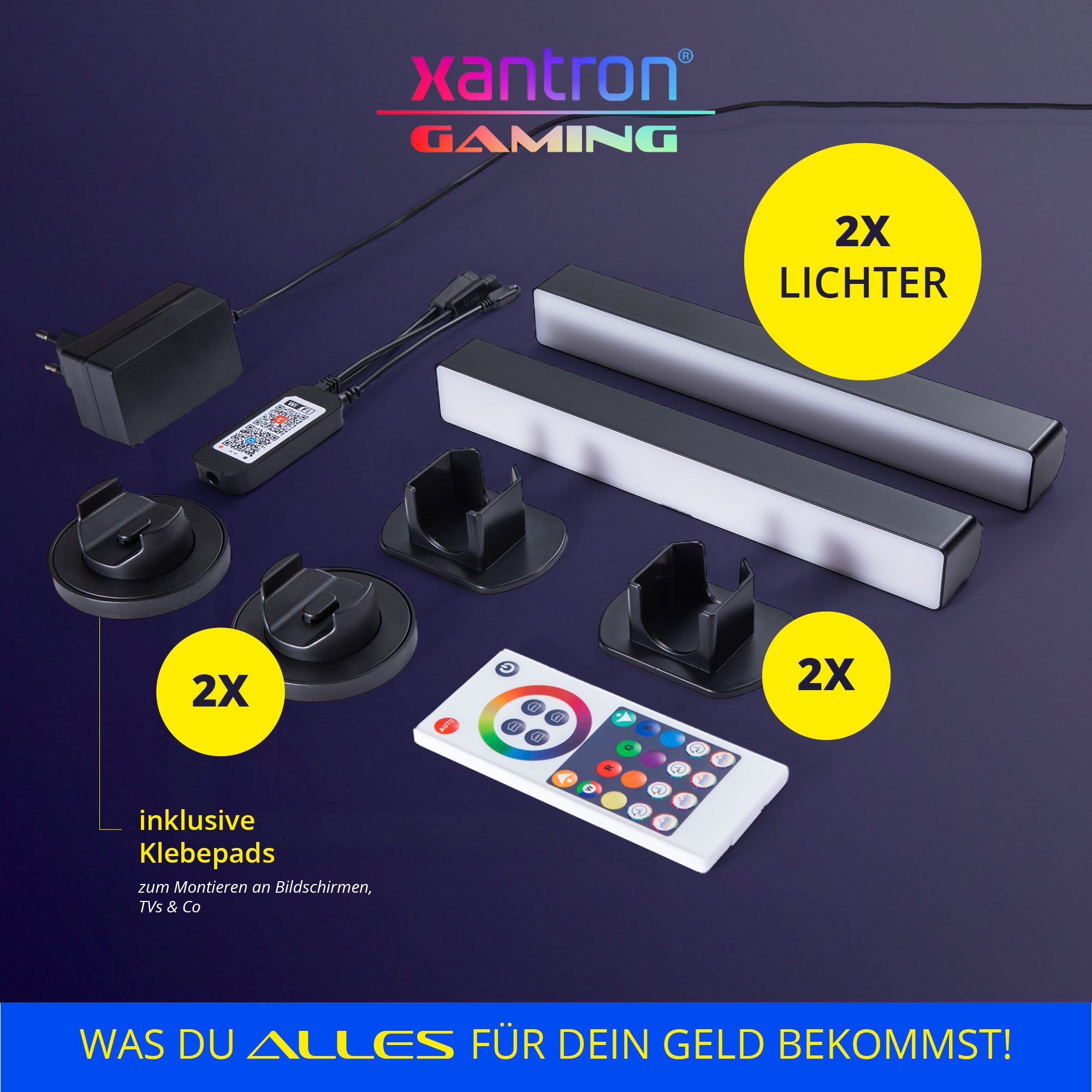 Xantron Gaming Set: 2 Lichter, Fernbedienung, Netzteil, Halterungen, Klebepads.