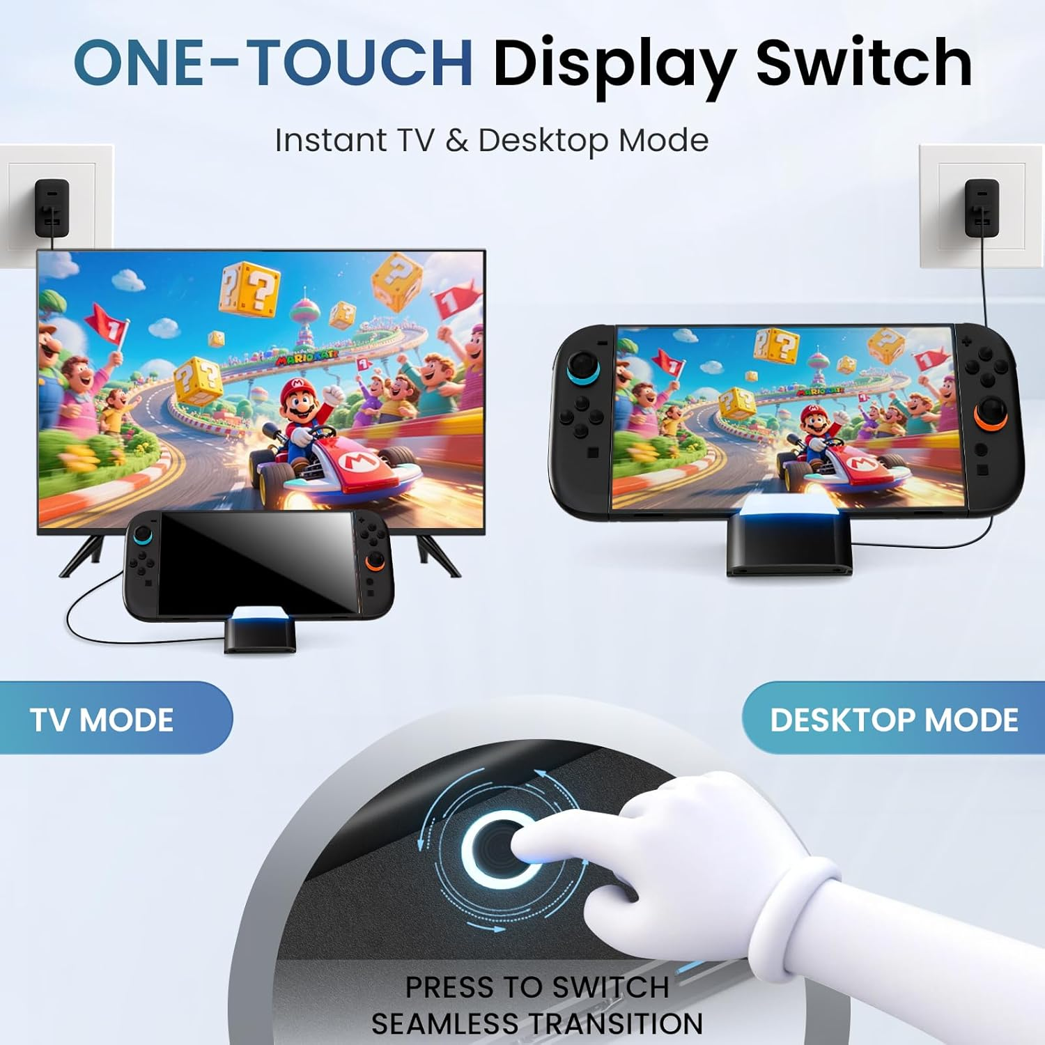 Nintendo Switch im TV- und Desktop-Modus mit angezeigtem Mario Kart-Spiel.