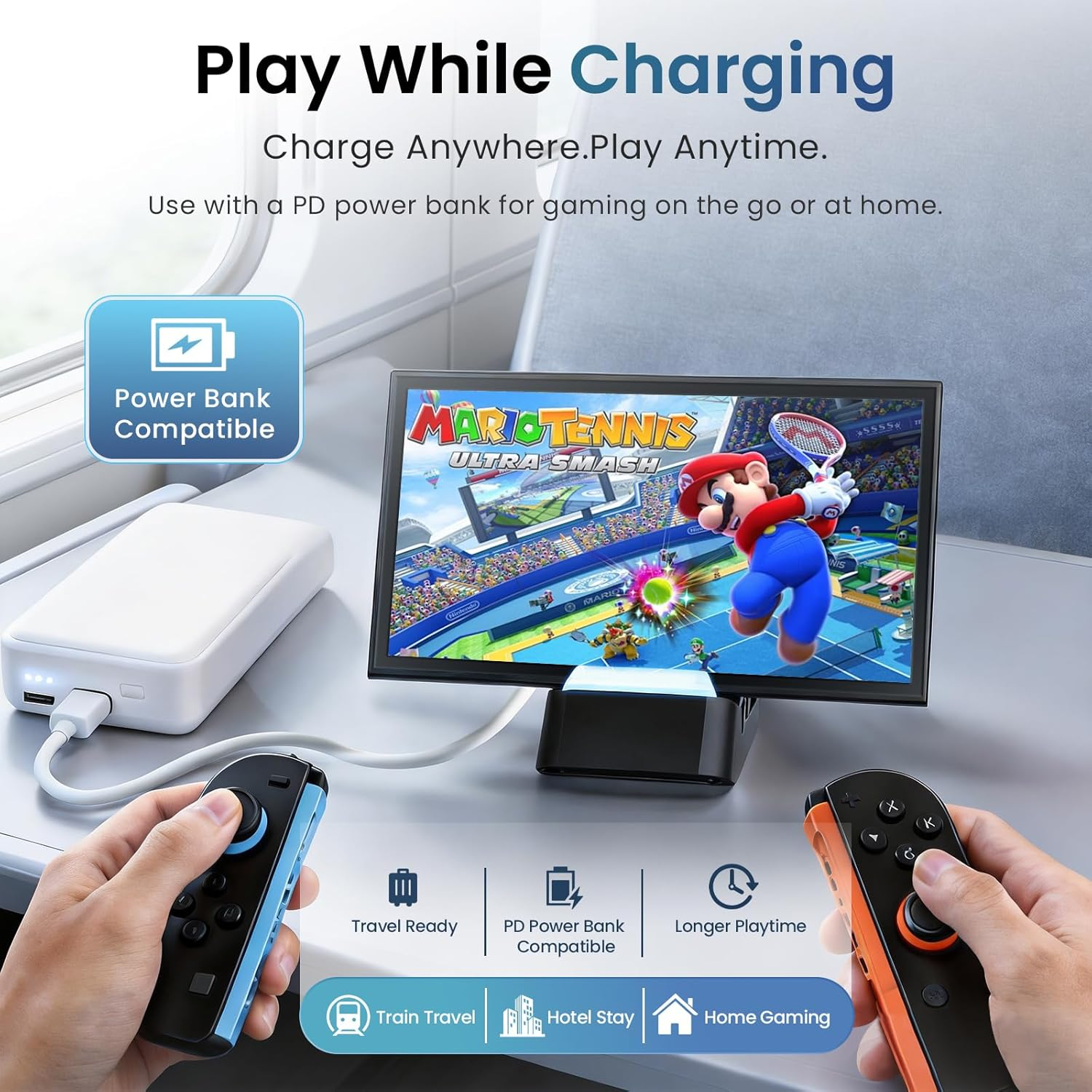 Gaming-Setup mit Bildschirm, Controllern und Powerbank. Überall spielen.