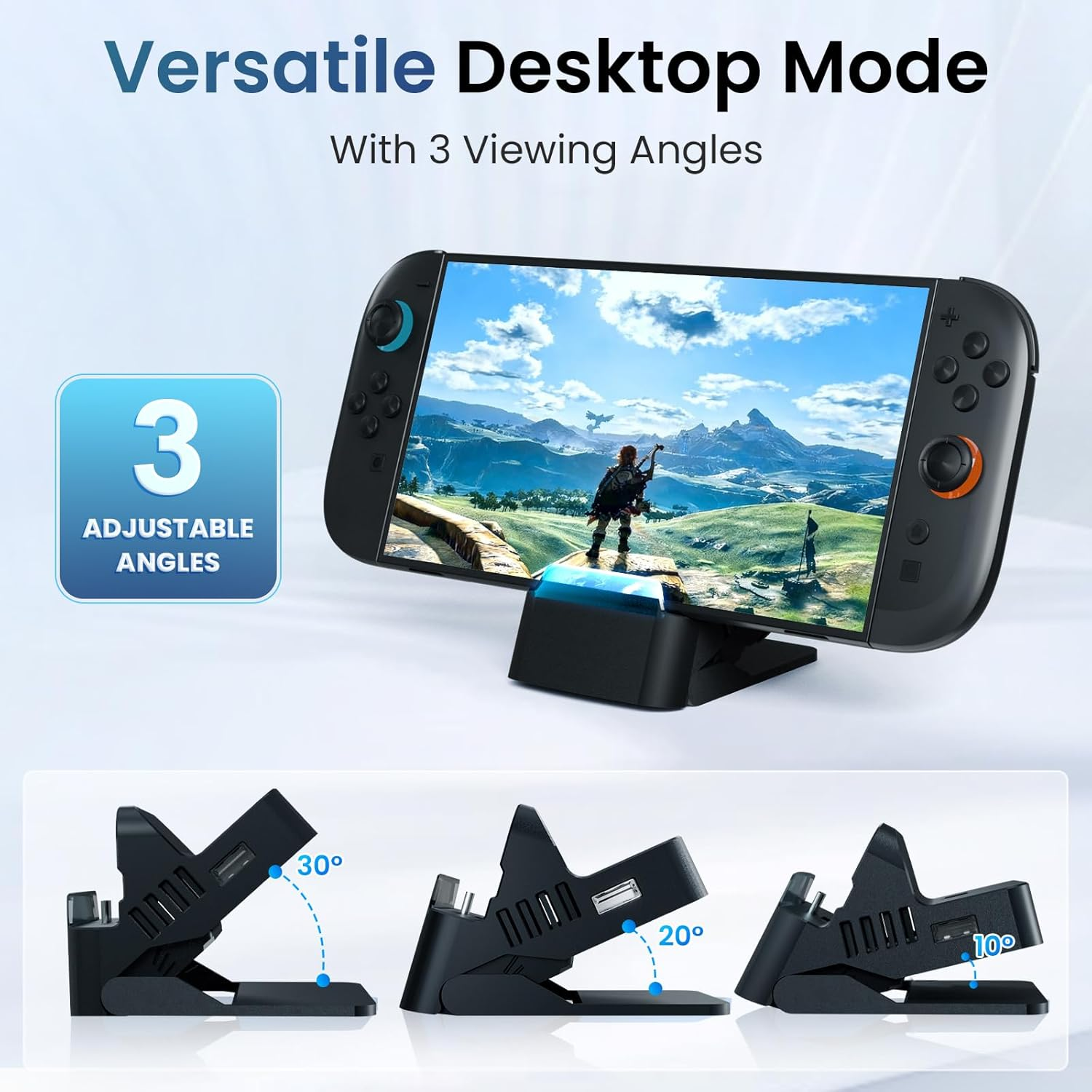 Nintendo Switch im Desktop-Modus mit drei verstellbaren Winkeln.