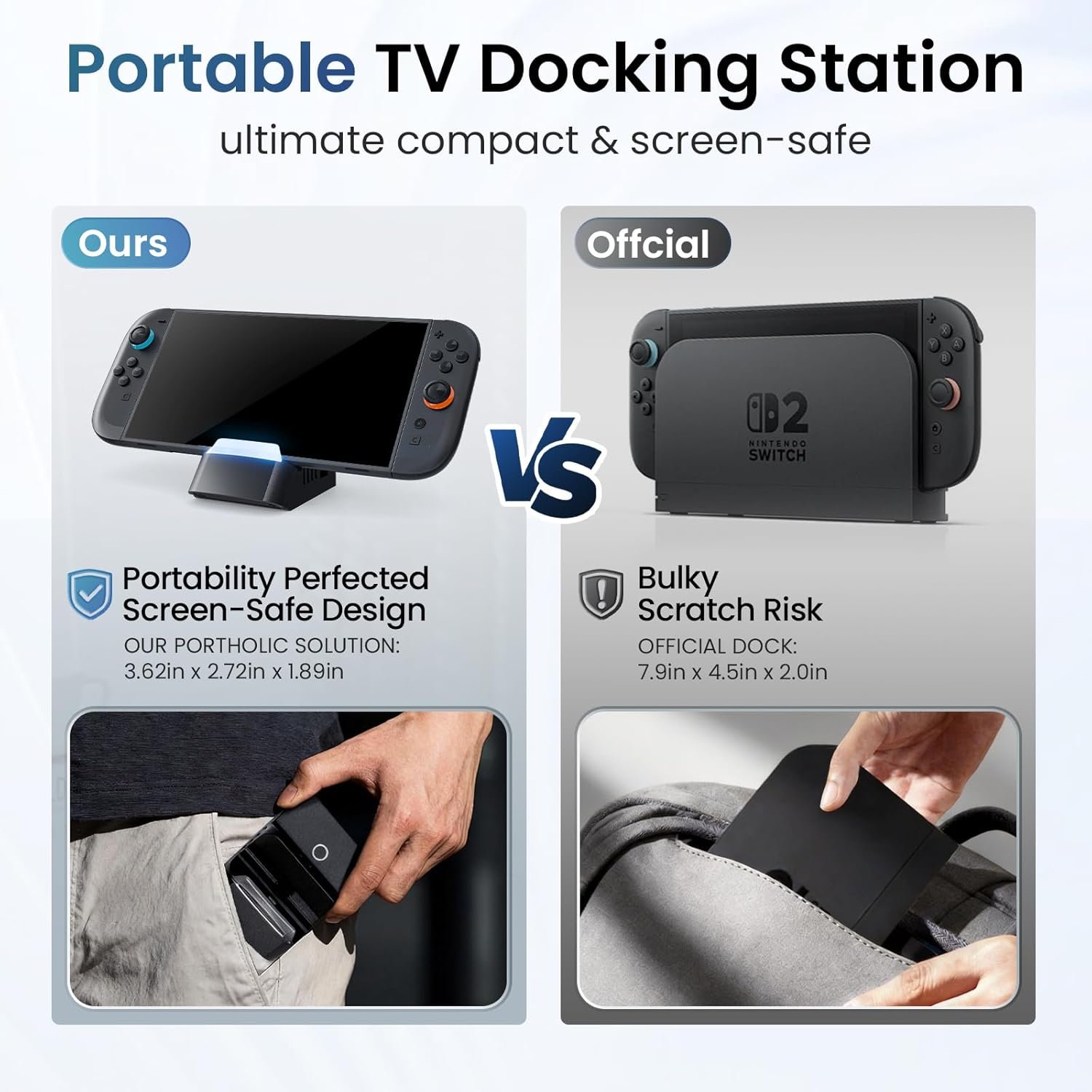 Vergleich zweier Nintendo Switch Docks: Kompakt vs. sperrig.