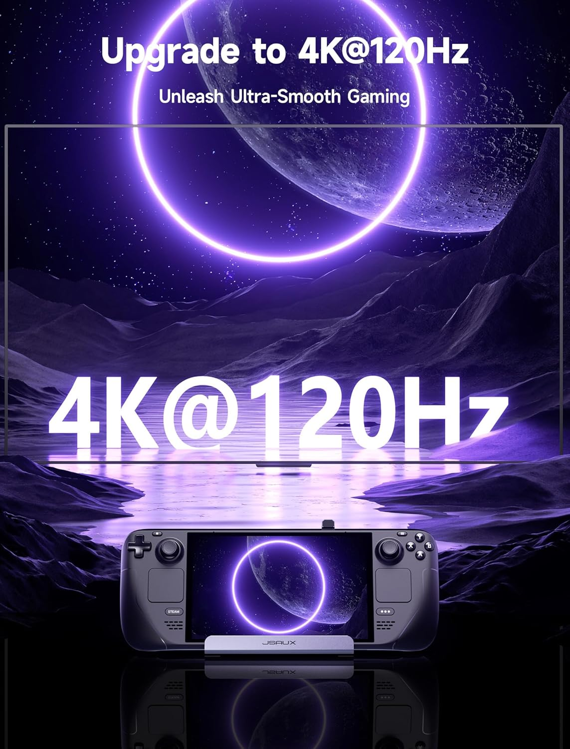 Ein dunkles Gaming-Handheld liegt auf einer spiegelnden Oberfläche. Der Hintergrund zeigt eine kosmische Landschaft.