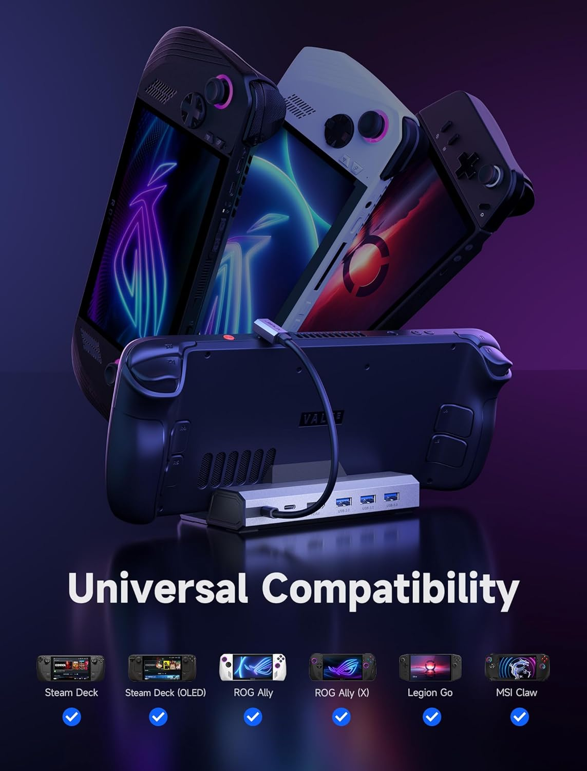 Mehrere Handheld-Gaming-Geräte an eine Dockingstation angeschlossen. Text: Universelle Kompatibilität