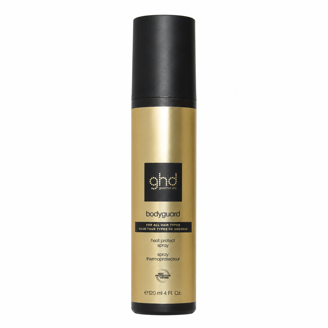 Flacone dorato con tappo nero, spray protettivo GHD Bodyguard, 120ml.