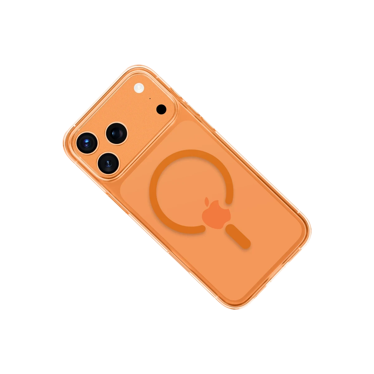 Üç kameralı turuncu iPhone kılıfı ve Apple logosu.