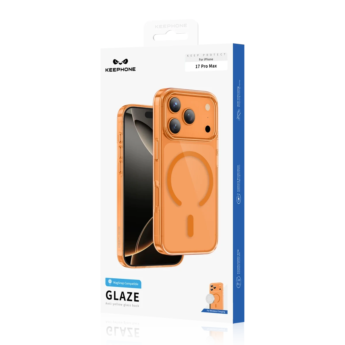 Ambalaj üzerinde MagSnap uyumlu turuncu iPhone 17 Pro Max kılıfı.