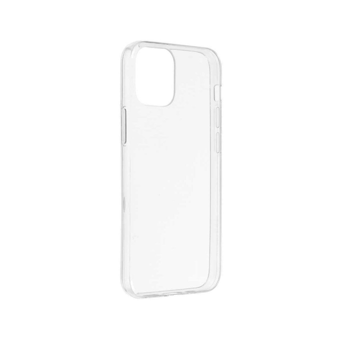 Una custodia trasparente per telefono con ritaglio fotocamera è mostrata su sfondo bianco.