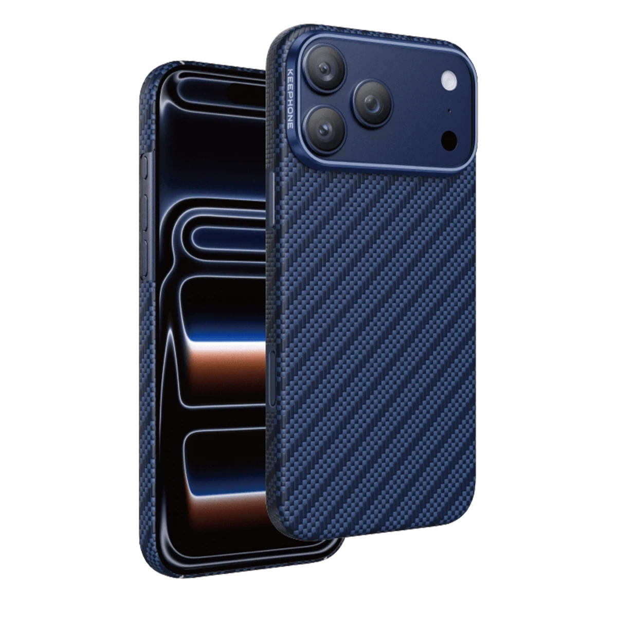 Karbon fiber kılıflı ve üçlü kamera kurulumlu lacivert telefon.