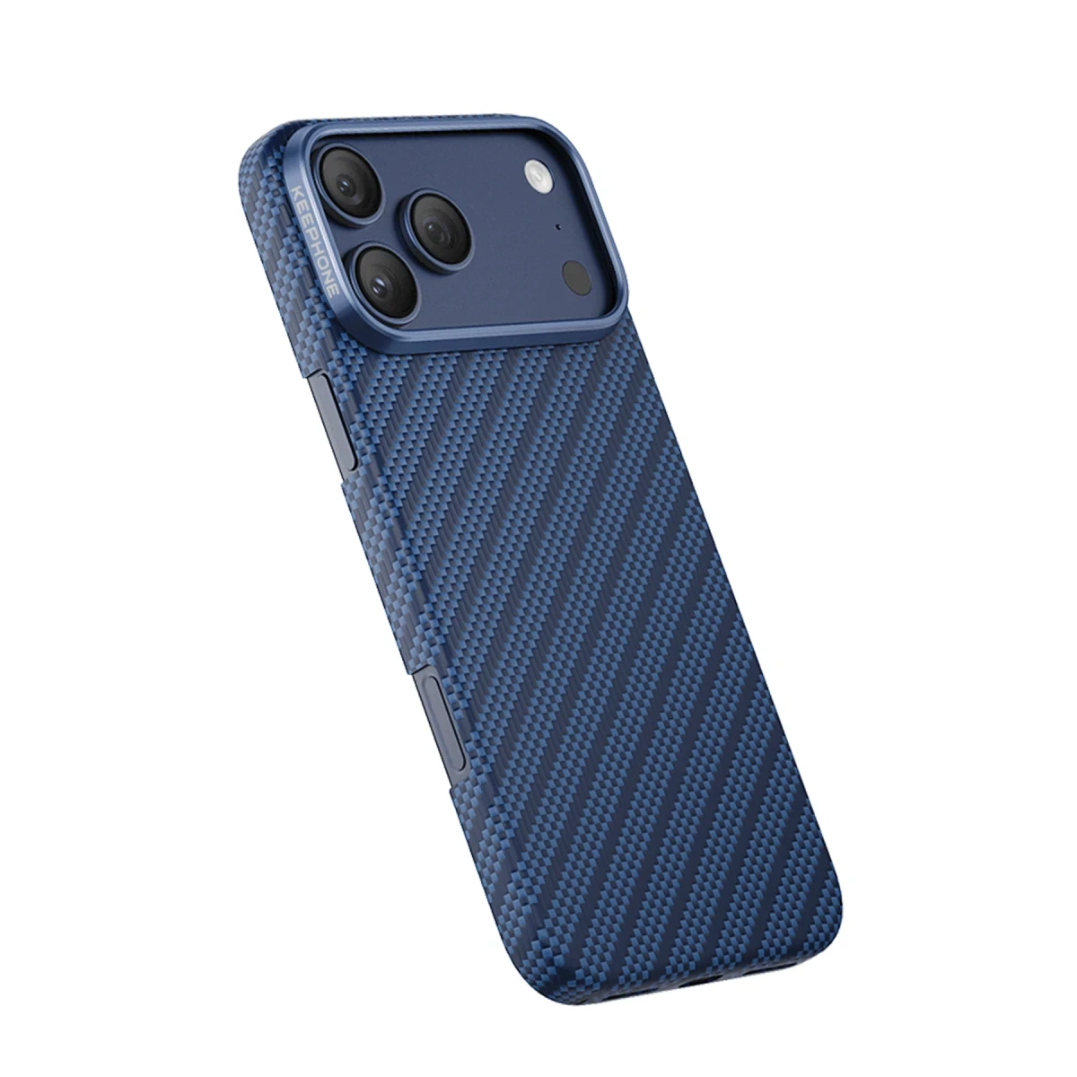 Üç kamera lensli, mavi, karbon fiber desenli telefon kılıfı.