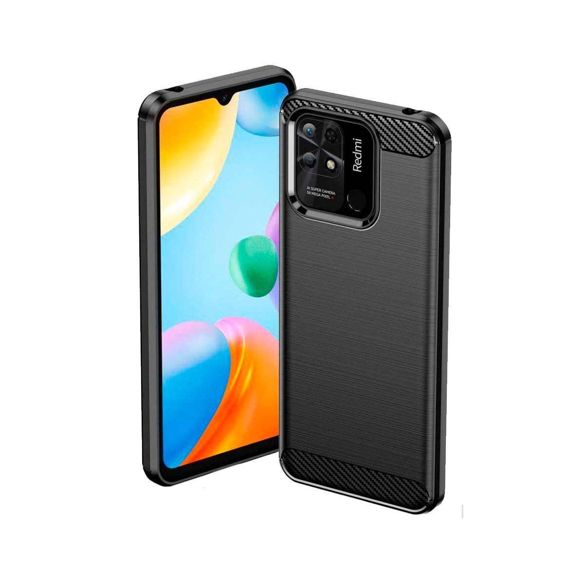 Telefono nero in custodia testurizzata, schermo mostra forme astratte colorate.