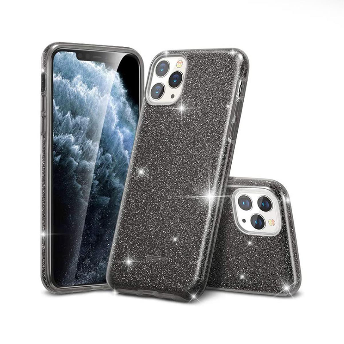 Tre cover nere glitterate per telefono con fotocamere su sfondo bianco.