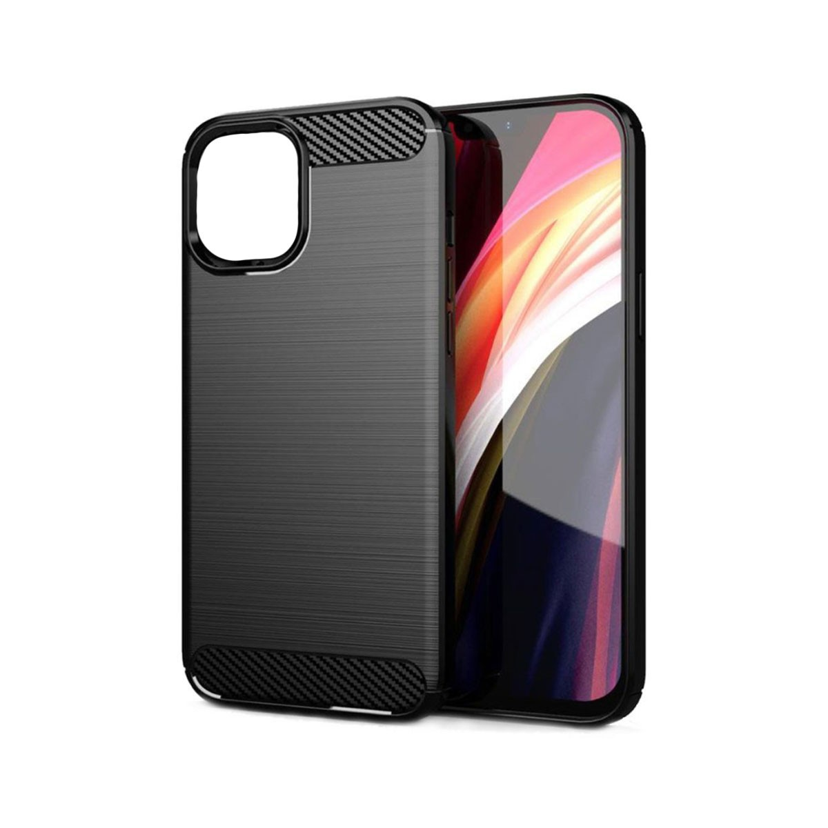 Cover nera per telefono con accenti in fibra di carbonio su smartphone.