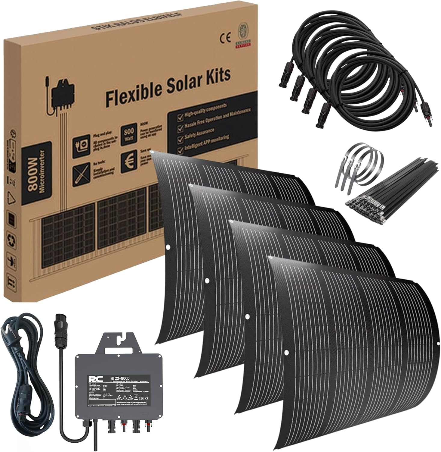 Flexible Solarmodule mit Wechselrichter, Kabeln und Befestigungsmaterial.
