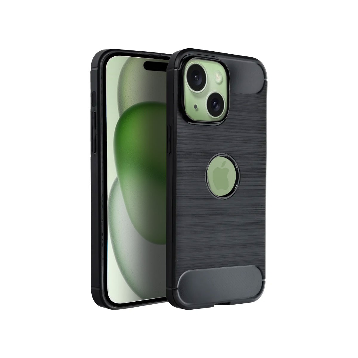 Un iPhone nero in una custodia che mostra la fotocamera e un logo Apple.