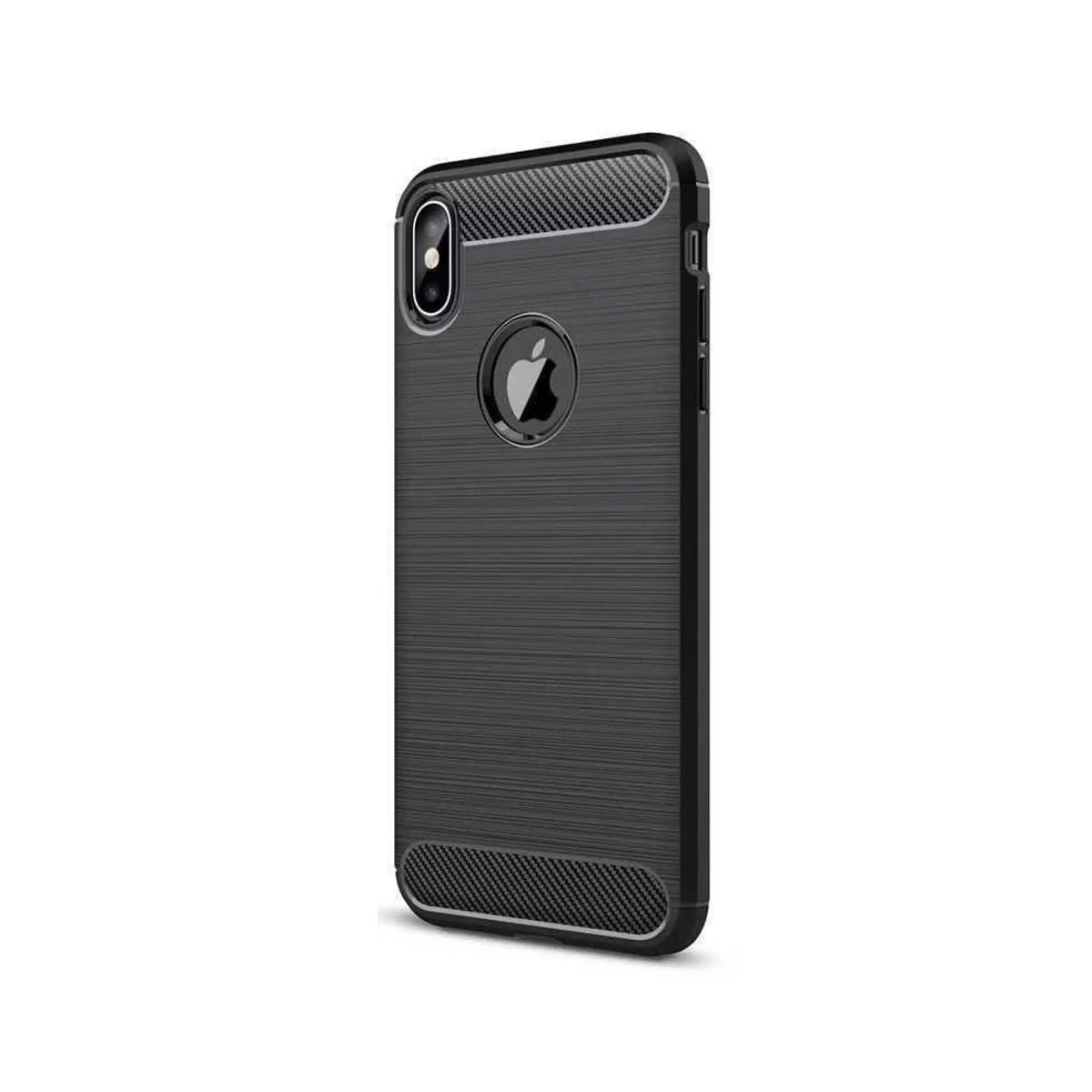 Una cover per telefono grigio scuro con texture metallica spazzolata e accenti in fibra di carbonio.