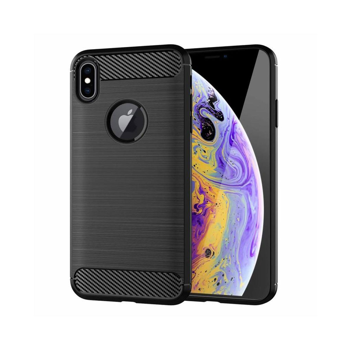 Custodia nera per telefono con motivo in carbonio accanto a uno smartphone con grafica colorata sullo schermo.
