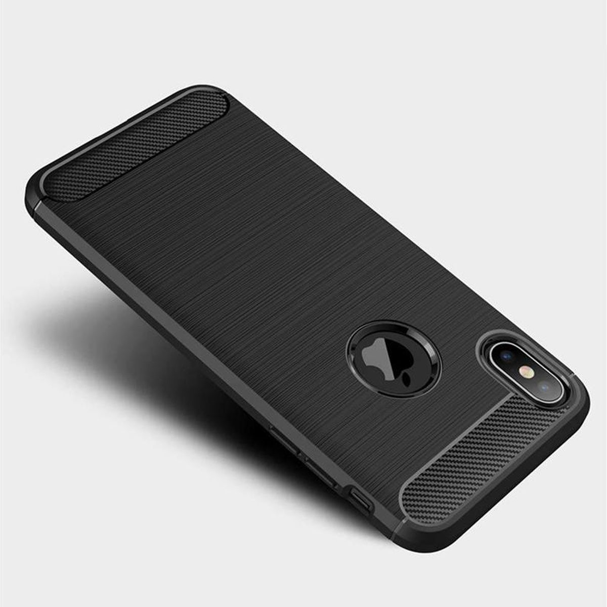 Custodia nera per telefono con finitura spazzolata e accenti carbonio.