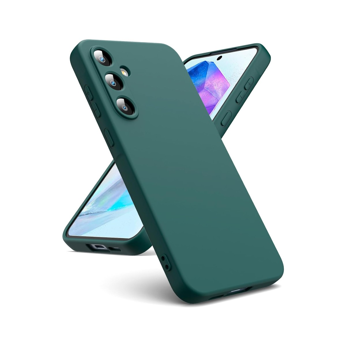 Una cover verde scuro per telefono con un telefono che mostra una grafica astratta sullo schermo.