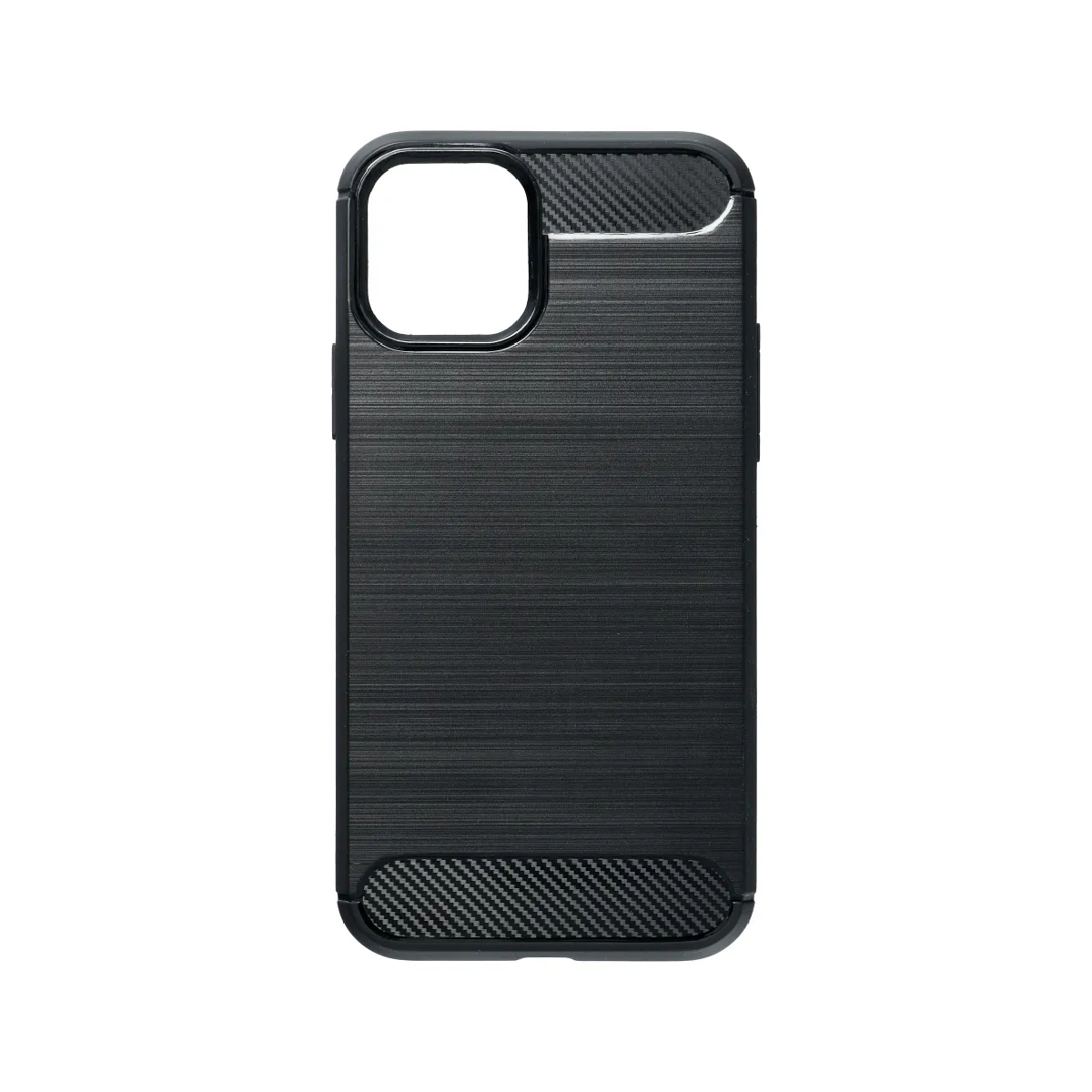 Custodia per telefono nera con texture metallo spazzolato e accenti in fibra di carbonio.
