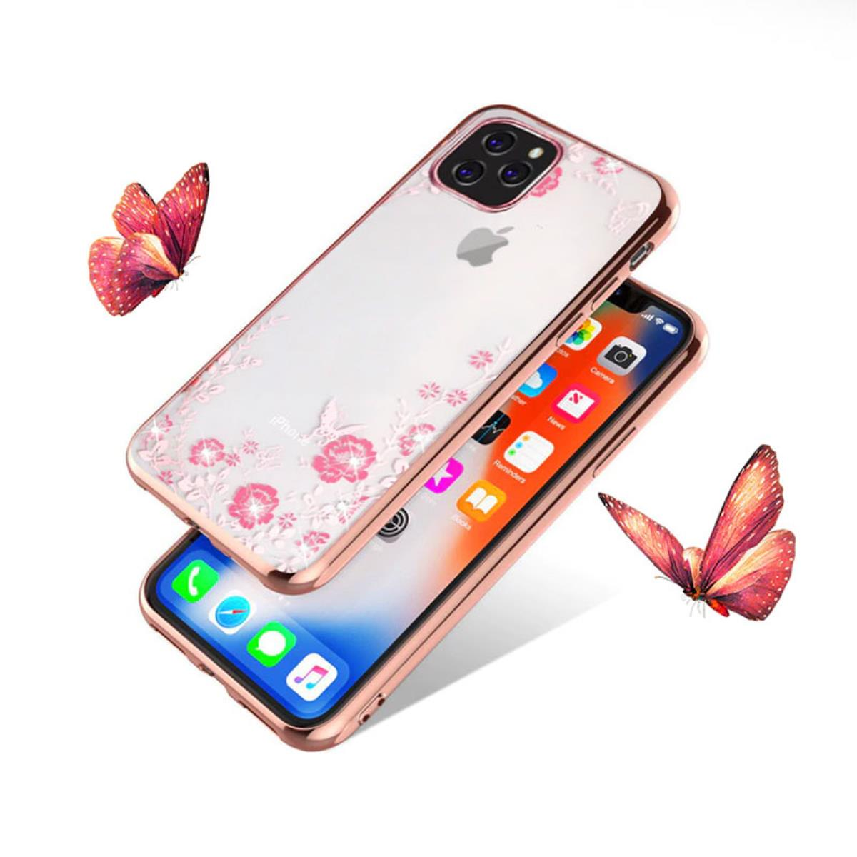 Una custodia trasparente per iPhone con fiori rosa e due farfalle.