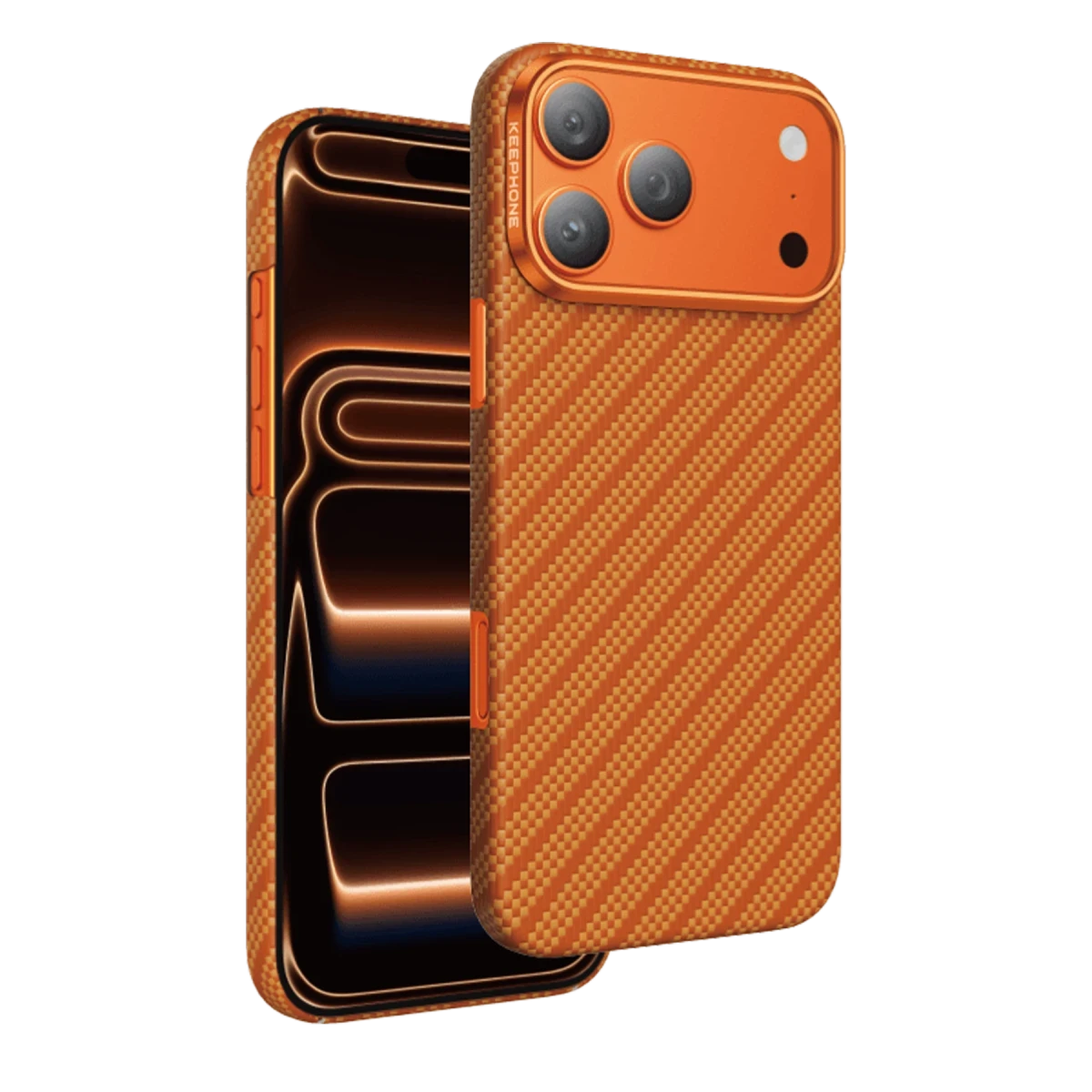 Karbon fiber desenli ve üç kameralı turuncu telefon kılıfı.